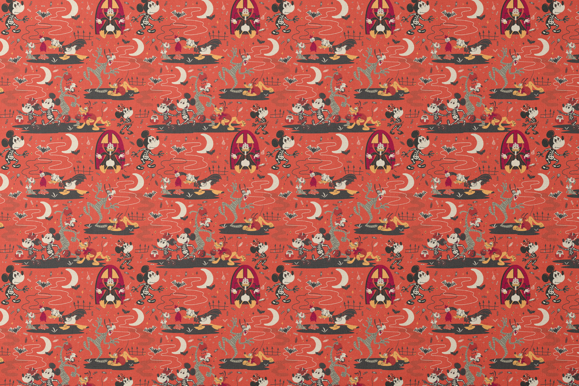 Halloween-themed Disney pattern with Mickey, Minnie, Donald in skeleton costumes on orange background with bats and moons designs flat mockup