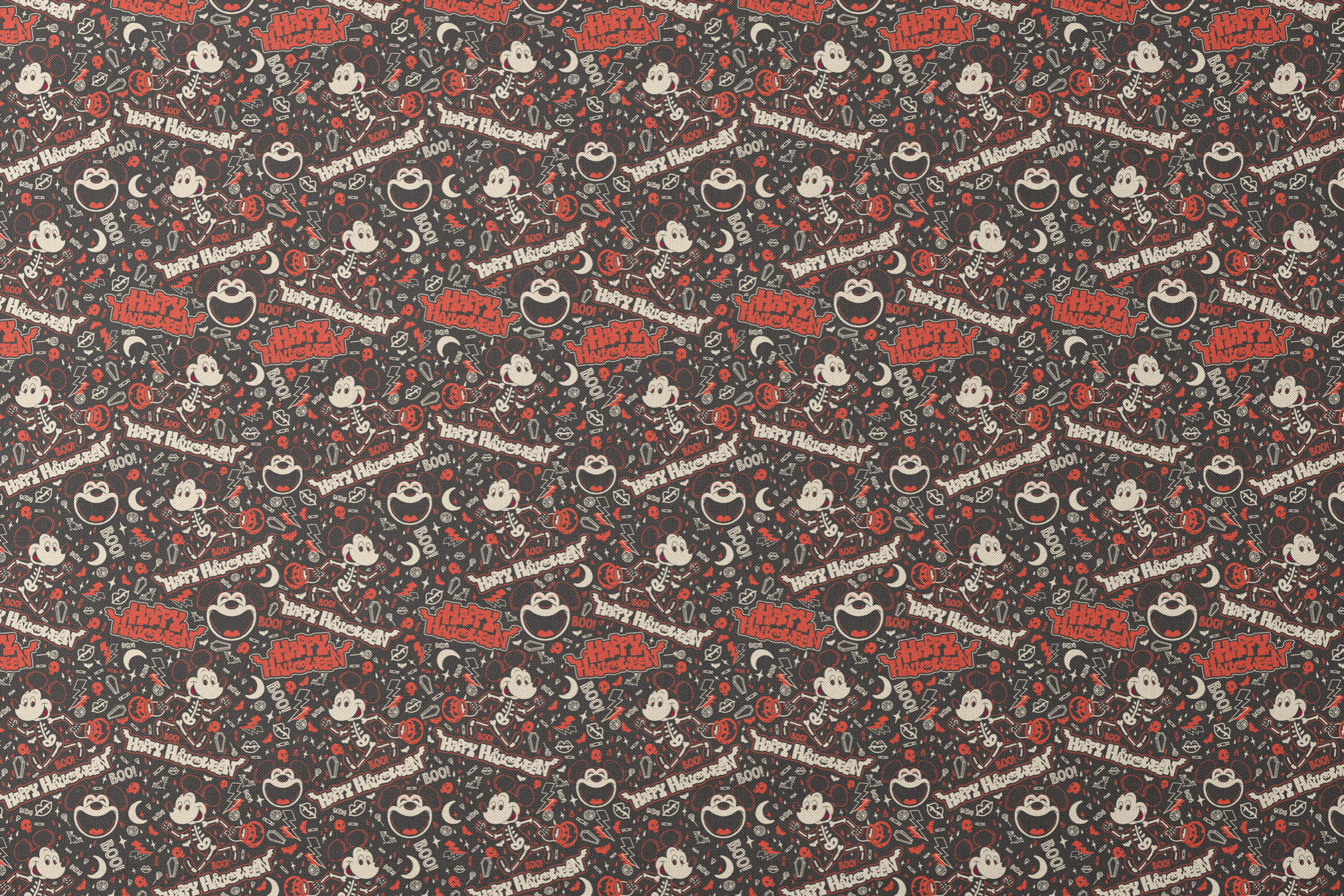 Mickey Mouse Halloween pattern with bats, pumpkins, and "Happy Halloween" text on dark background designs flat mockup