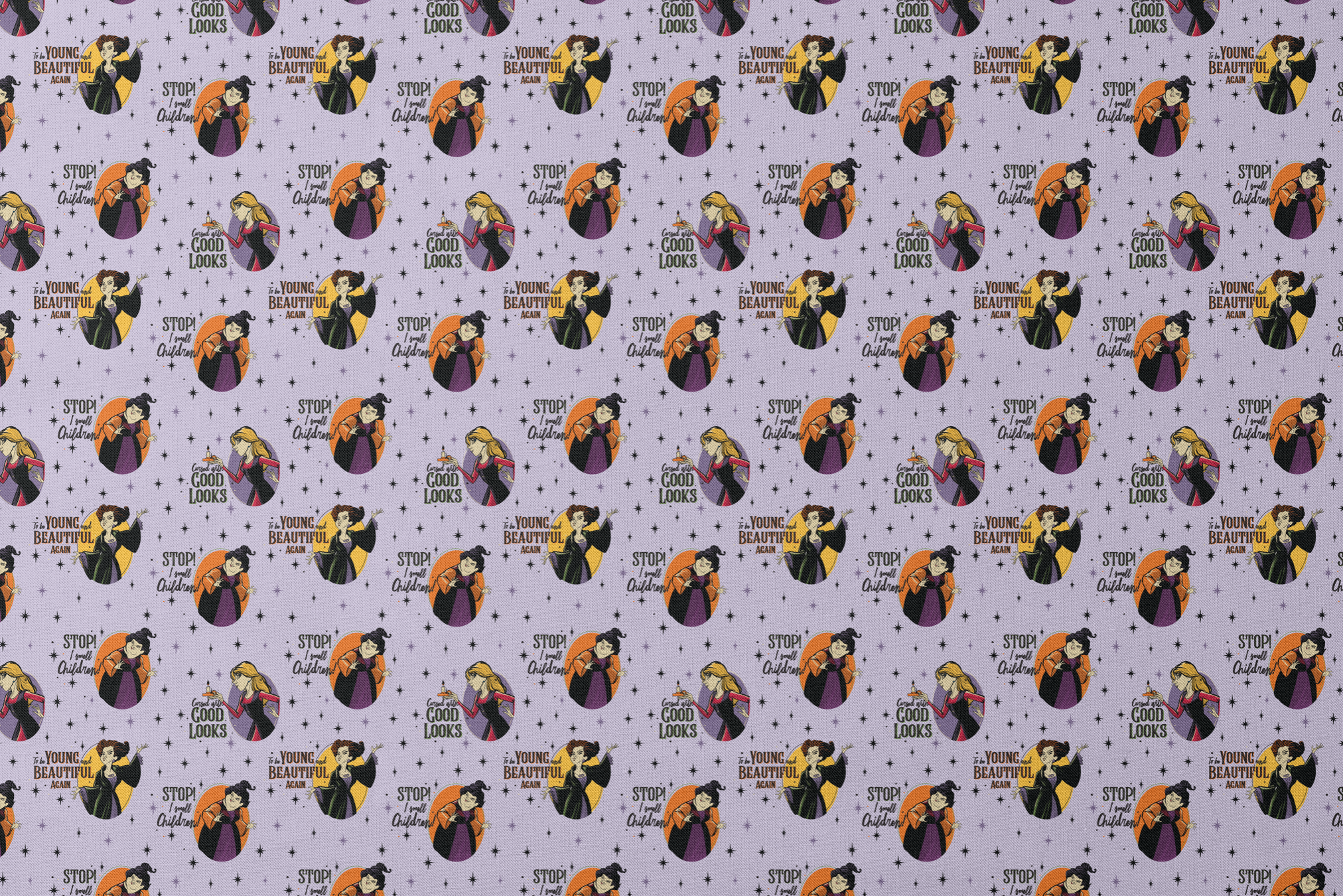 Disney villains pattern with circular portraits on purple starry background featuring animated characters and quote catchphrases designs flat mockup