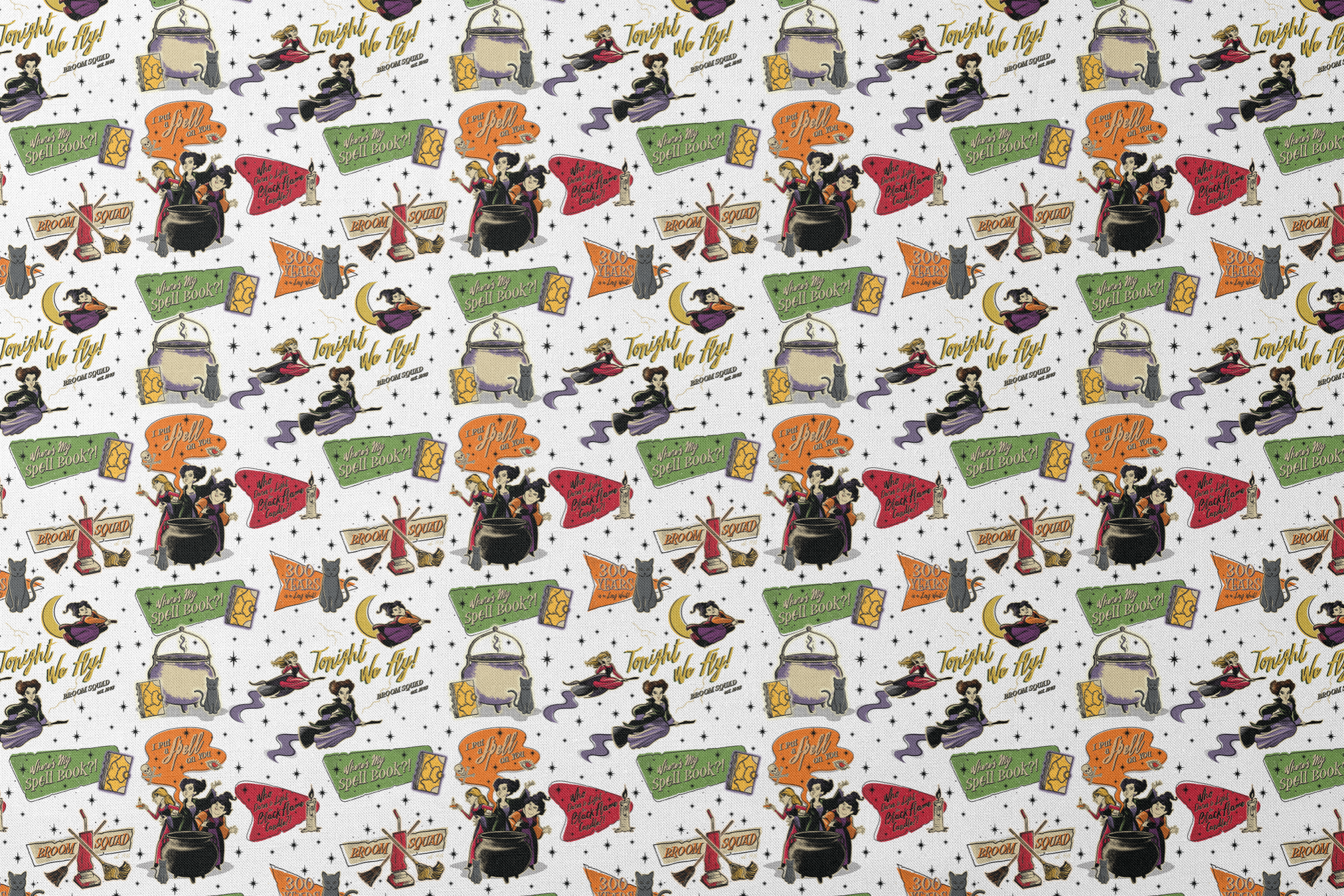 Halloween witch-themed pattern with spell books, cauldrons, brooms, stars, cats, potions and magical sayings on white background designs flat mockup