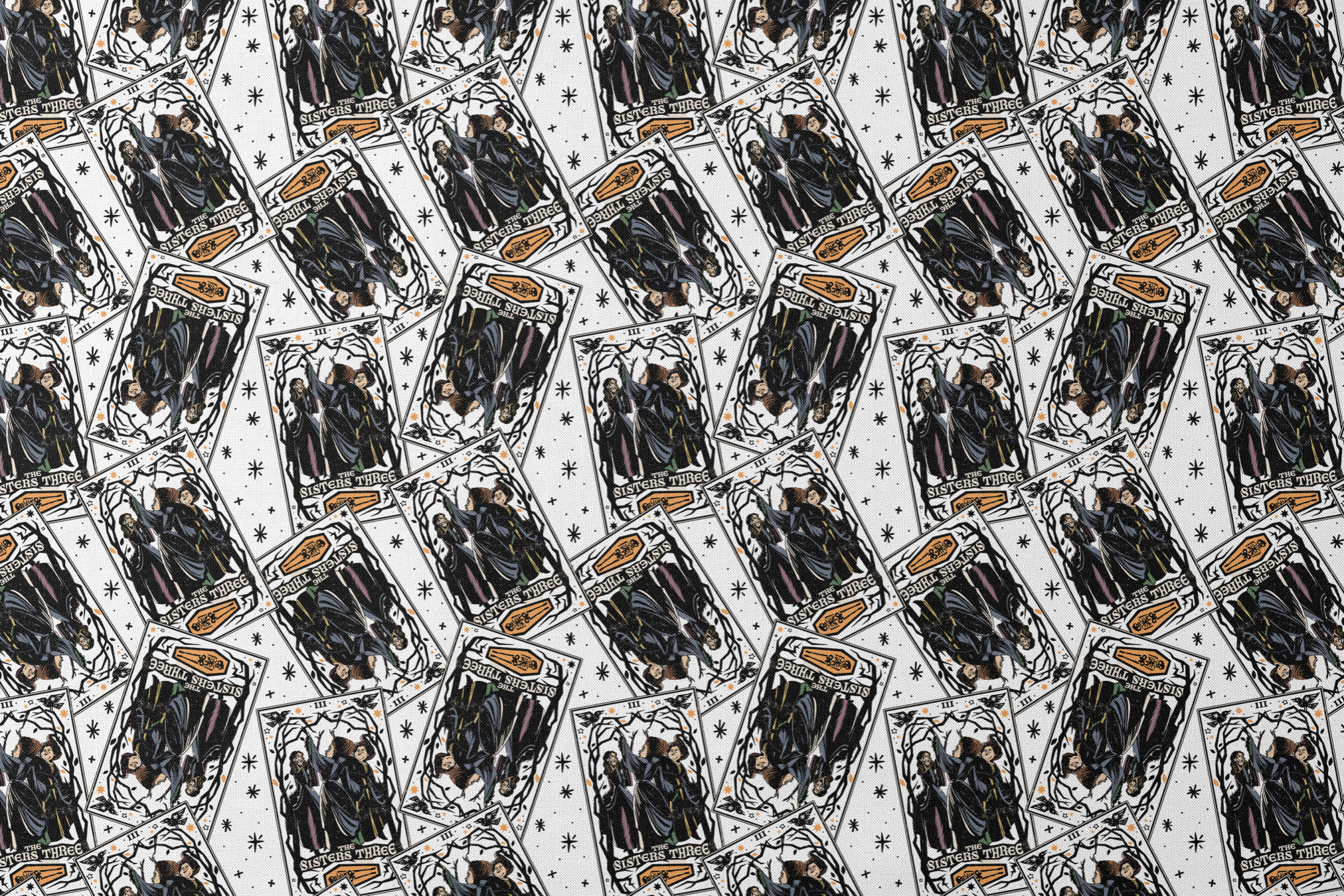 Scattered Hocus Pocus cards showing robed figures against white background with stars designs flat mockup