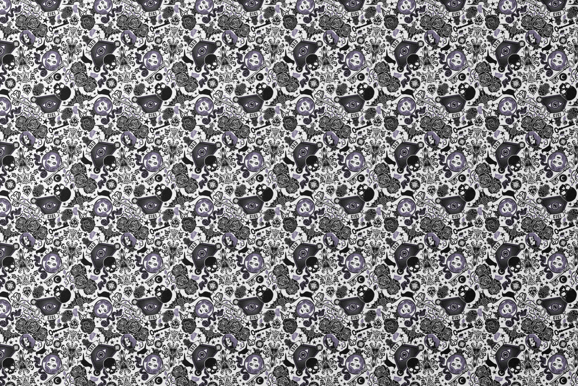 Gothic-inspired pattern with roses, medallions, ravens, and Victorian motifs in black and purple designs flat mockup