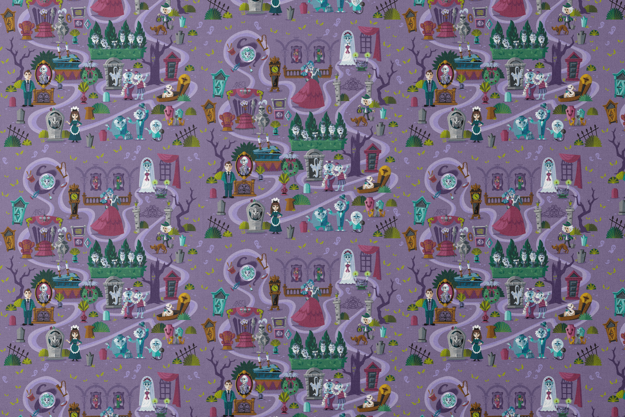 Colorful cartoon map of a spooky Halloween town with purple paths, ghosts, skeletons, and haunted houses. designs flat mockup