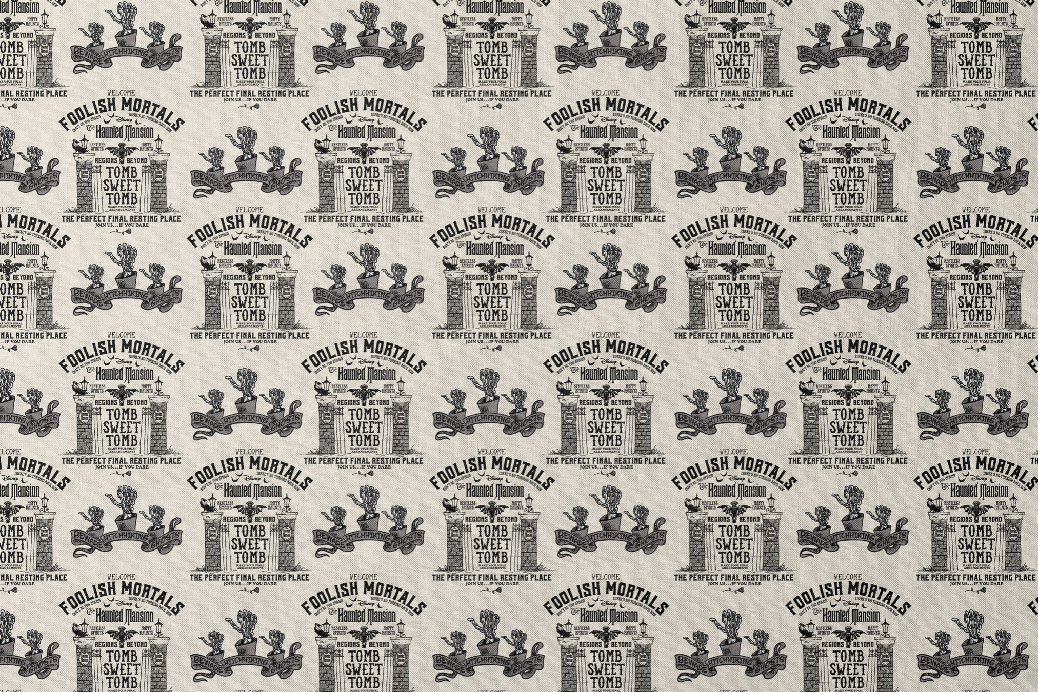 Repeating pattern of "Foolish Mortals" Haunted Mansion signage with ornate tomb designs in vintage black and cream style designs flat mockup