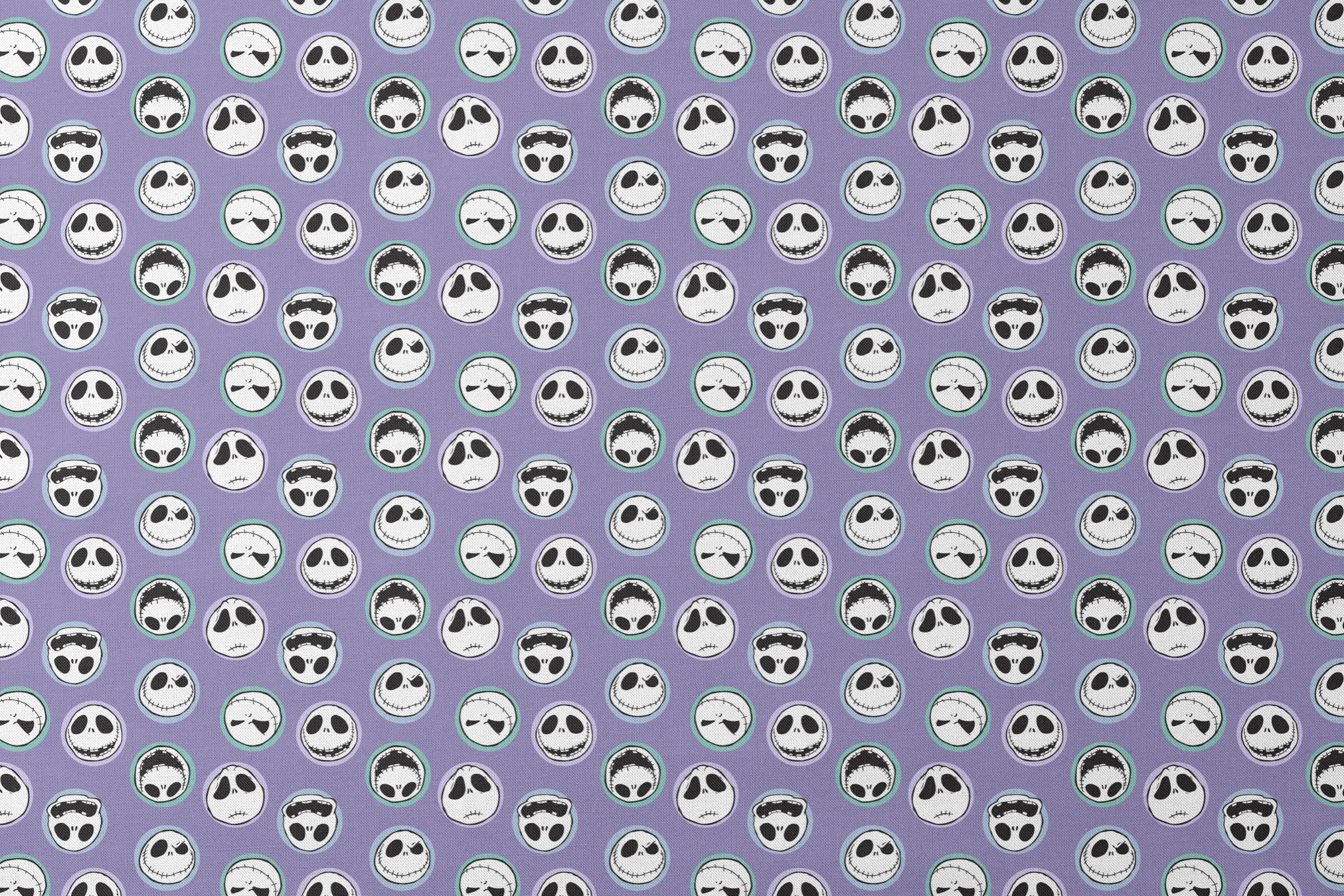 Repeating skull faces with stitched mouths and large eyes on purple background in cartoon style designs flat mockup