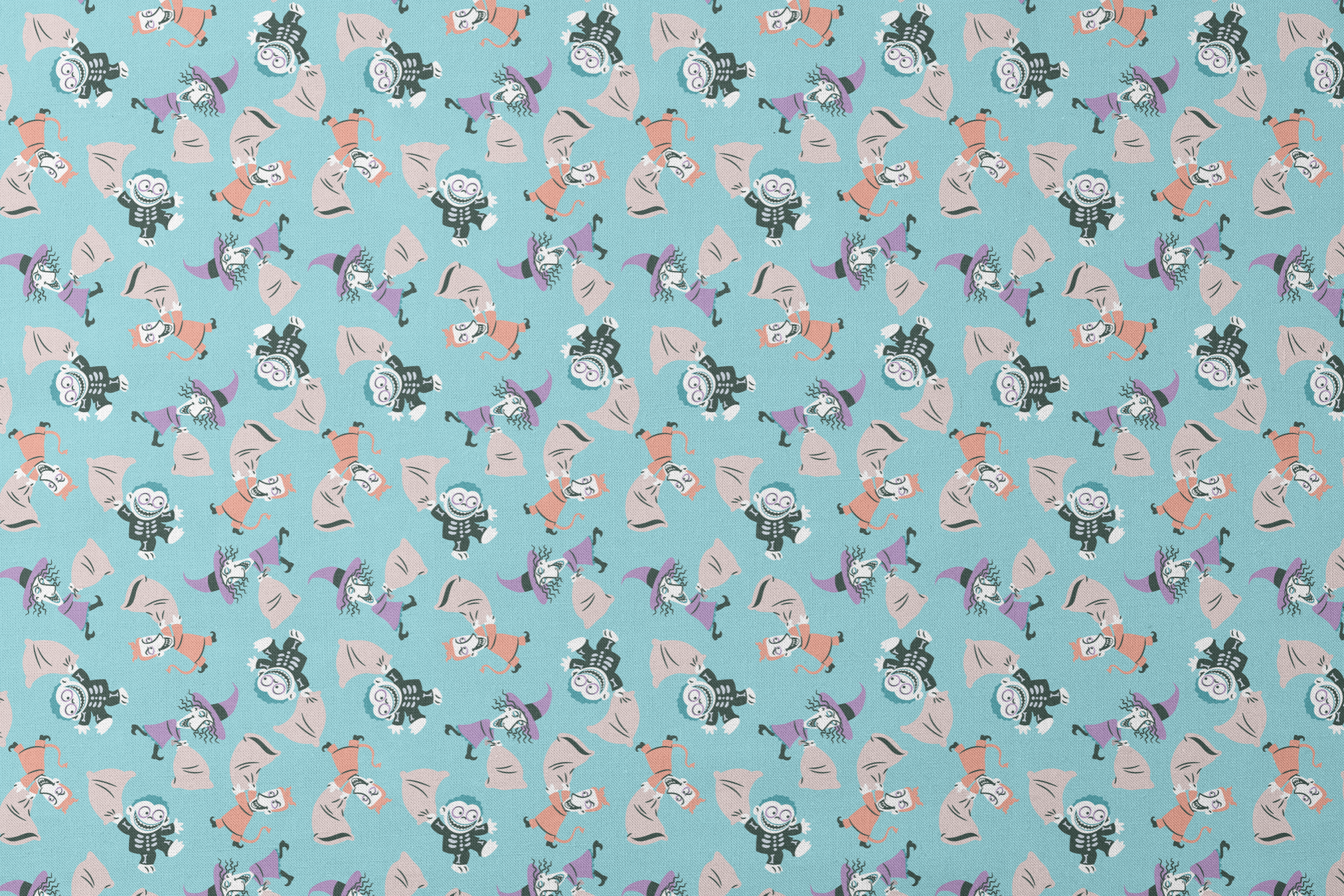Whimsical pattern of cartoon characters in Halloween costumes on light blue background designs flat mockup