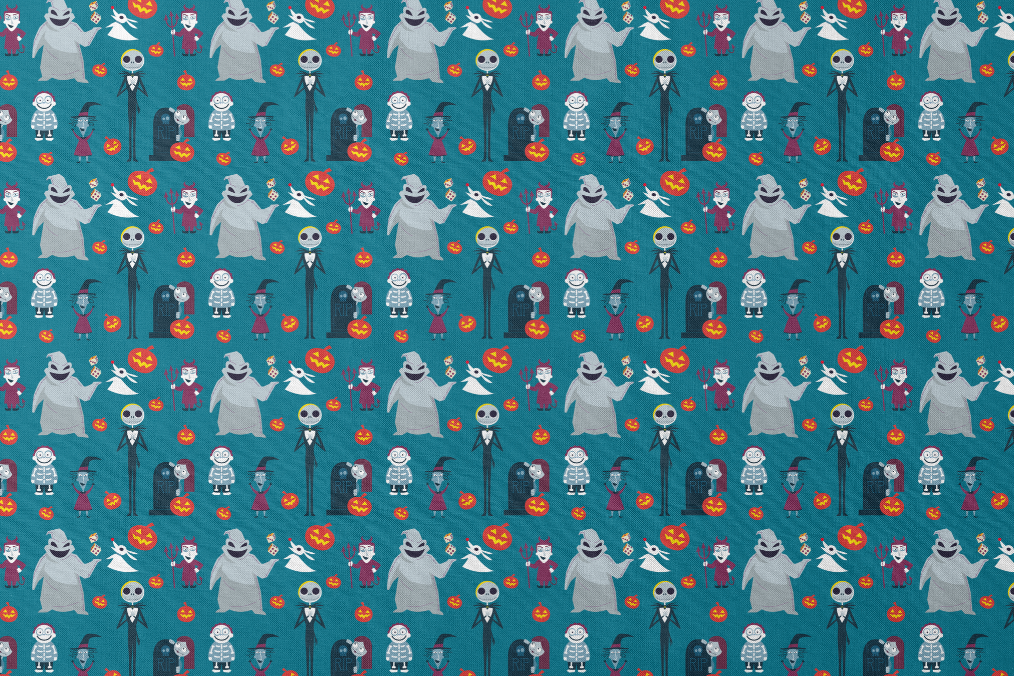 Halloween characters pattern with ghost, skeleton, witch, and pumpkins on teal background in cartoon style designs flat mockup
