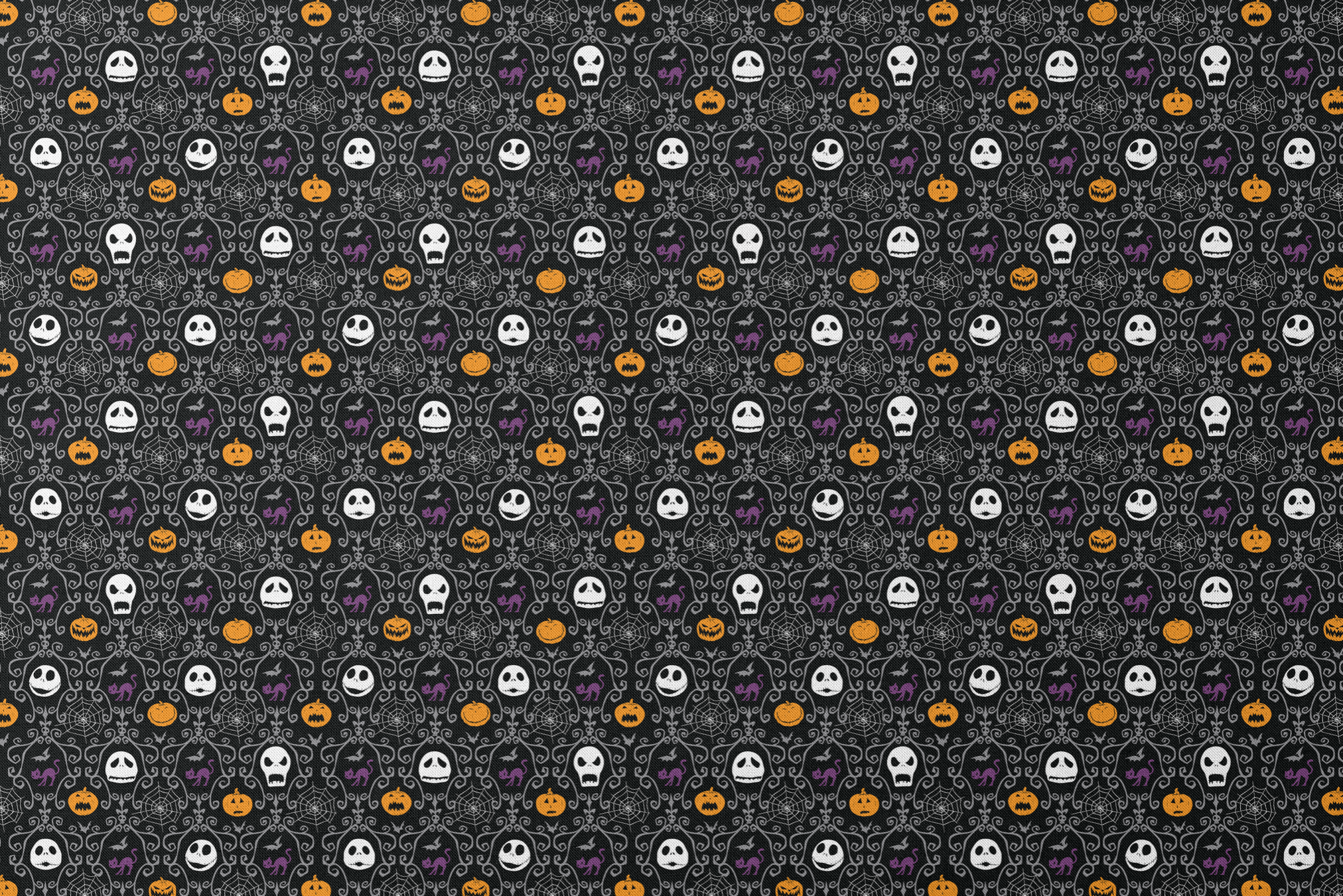 Nightmare Before Christmas pattern with skulls, pumpkins, bats and ornate swirls on black background designs flat mockup