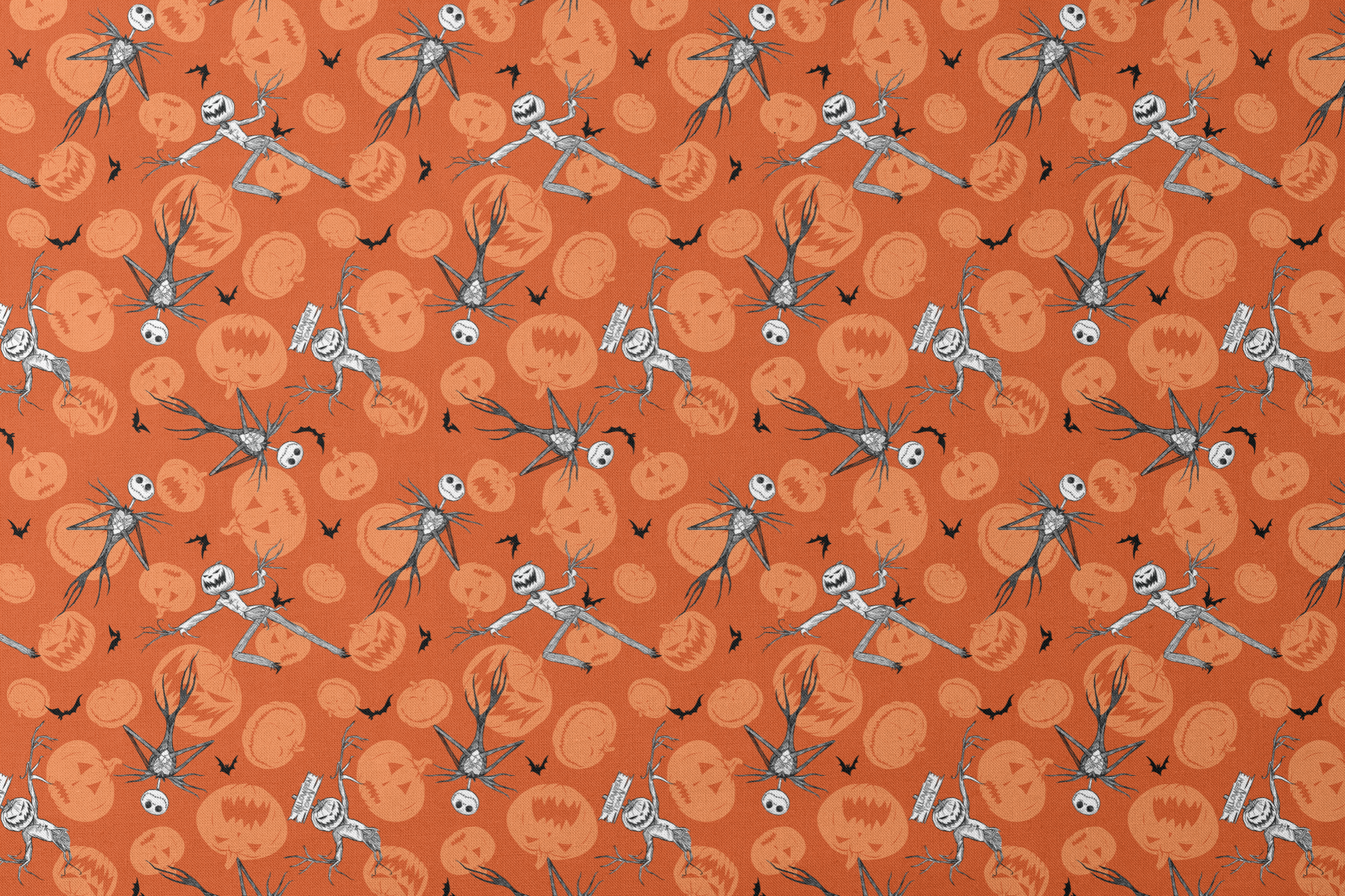 Nightmare Before Christmas pattern with Jack Skellington, bats, and jack-o'-lantern silhouettes on orange background designs flat mockup