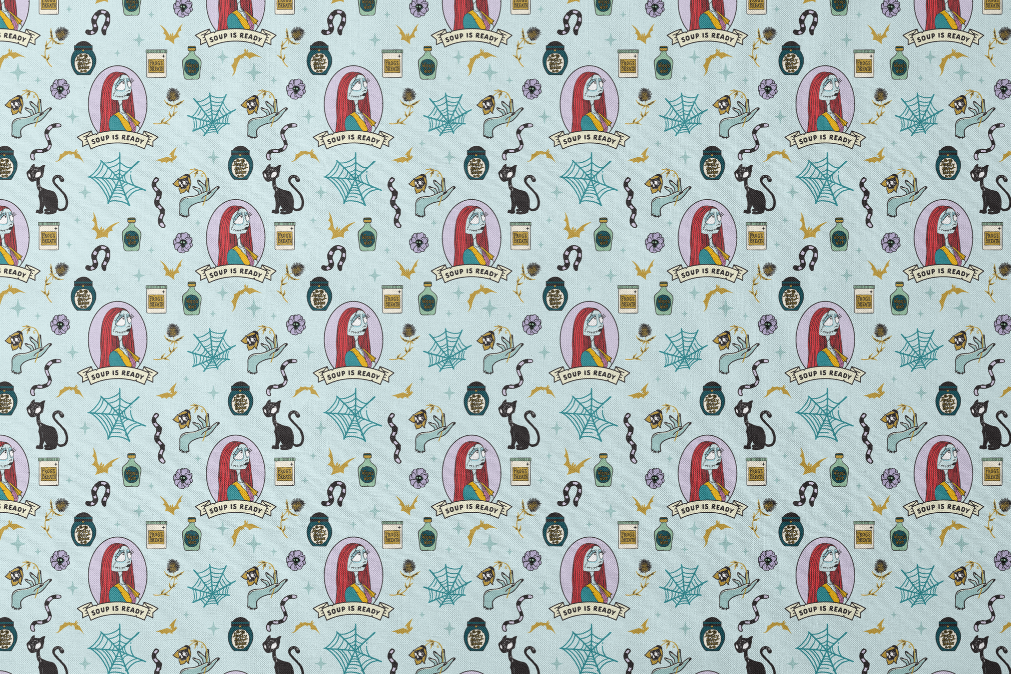 Whimsical pattern with skeletal figure in oval frame, black cats, spiderwebs, potion bottles, and "Soup is Ready" banners on light blue background. designs flat mockup