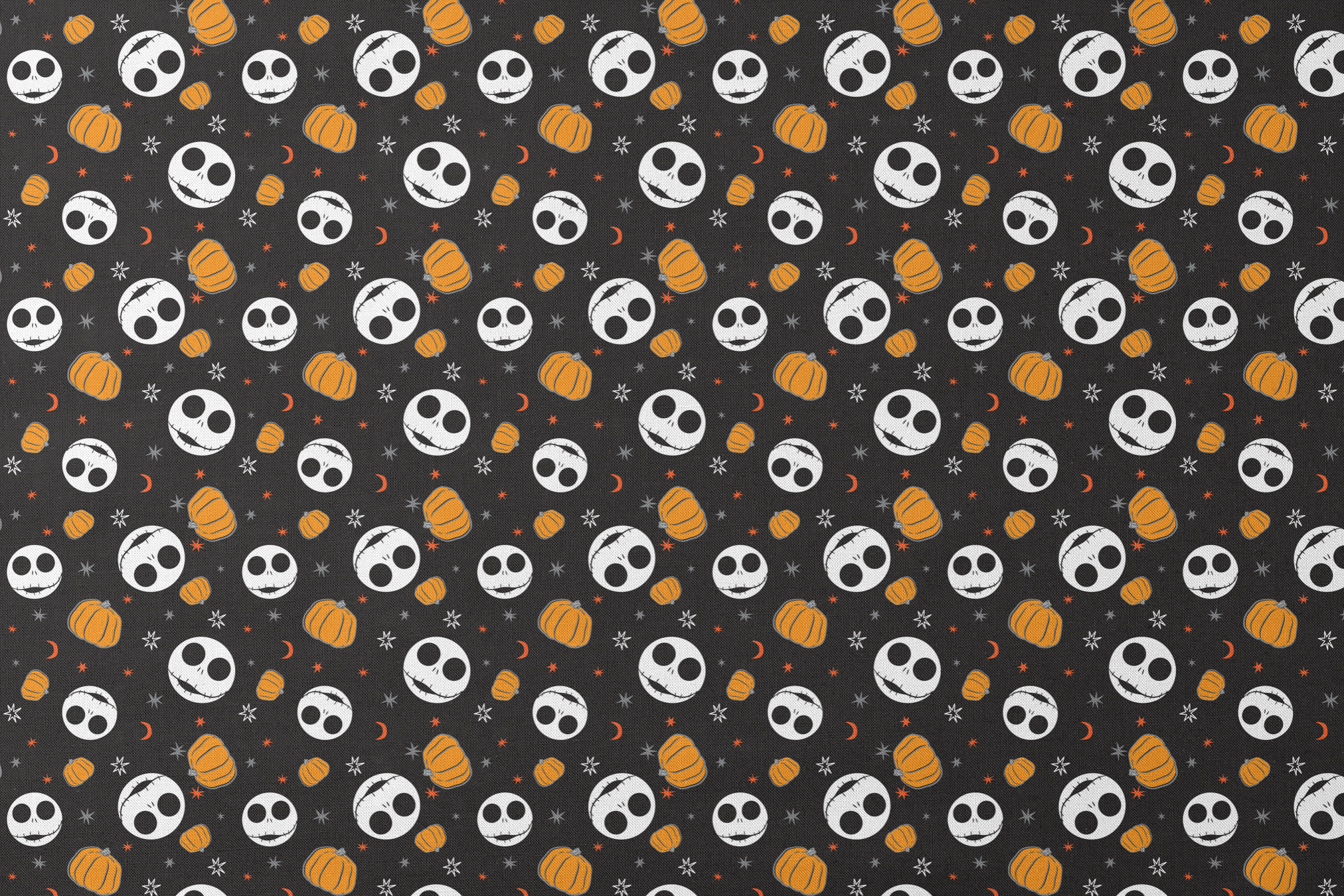 Halloween pattern with Nightmare Before Christmas characters, orange pumpkins, stars and crescent moons on black background designs flat mockup