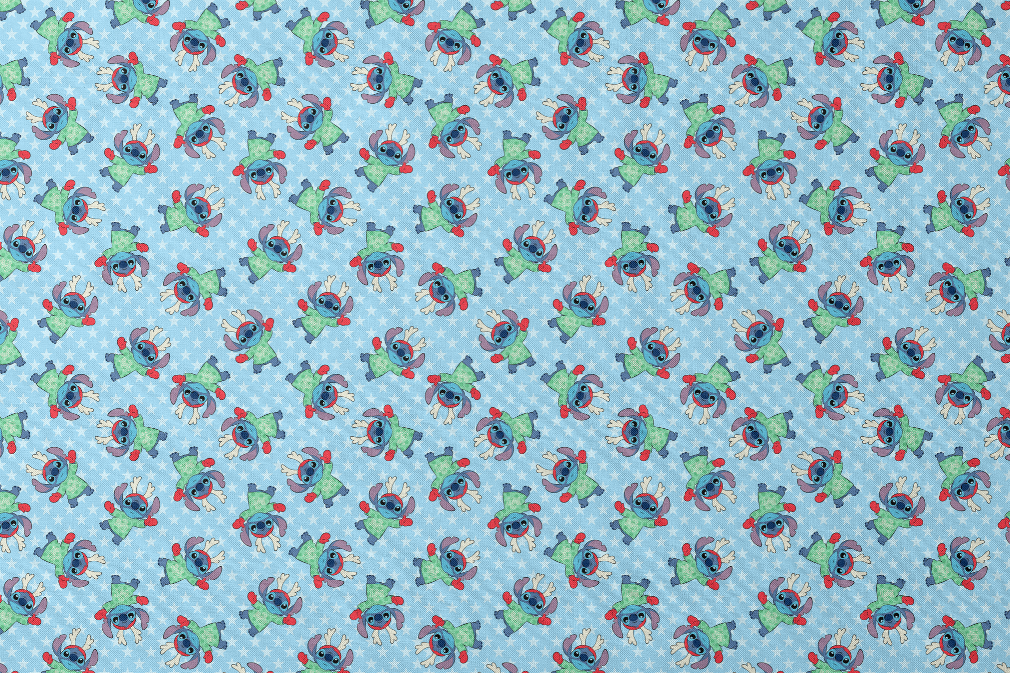 A repeating pattern of Disney's Stitch in holiday outfits with Christmas trees on light blue snowflake background. designs flat mockup
