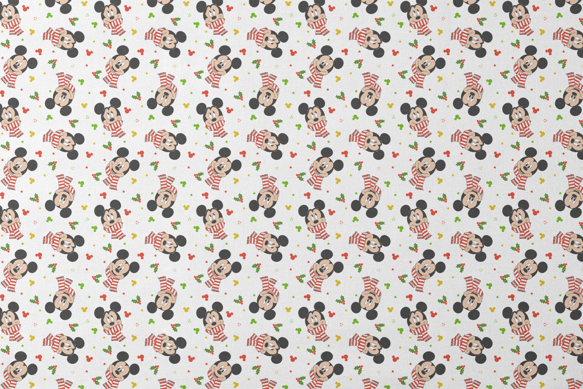 Mickey Mouse wearing red striped scarves, surrounded by holly and colorful icons on white background designs flat mockup