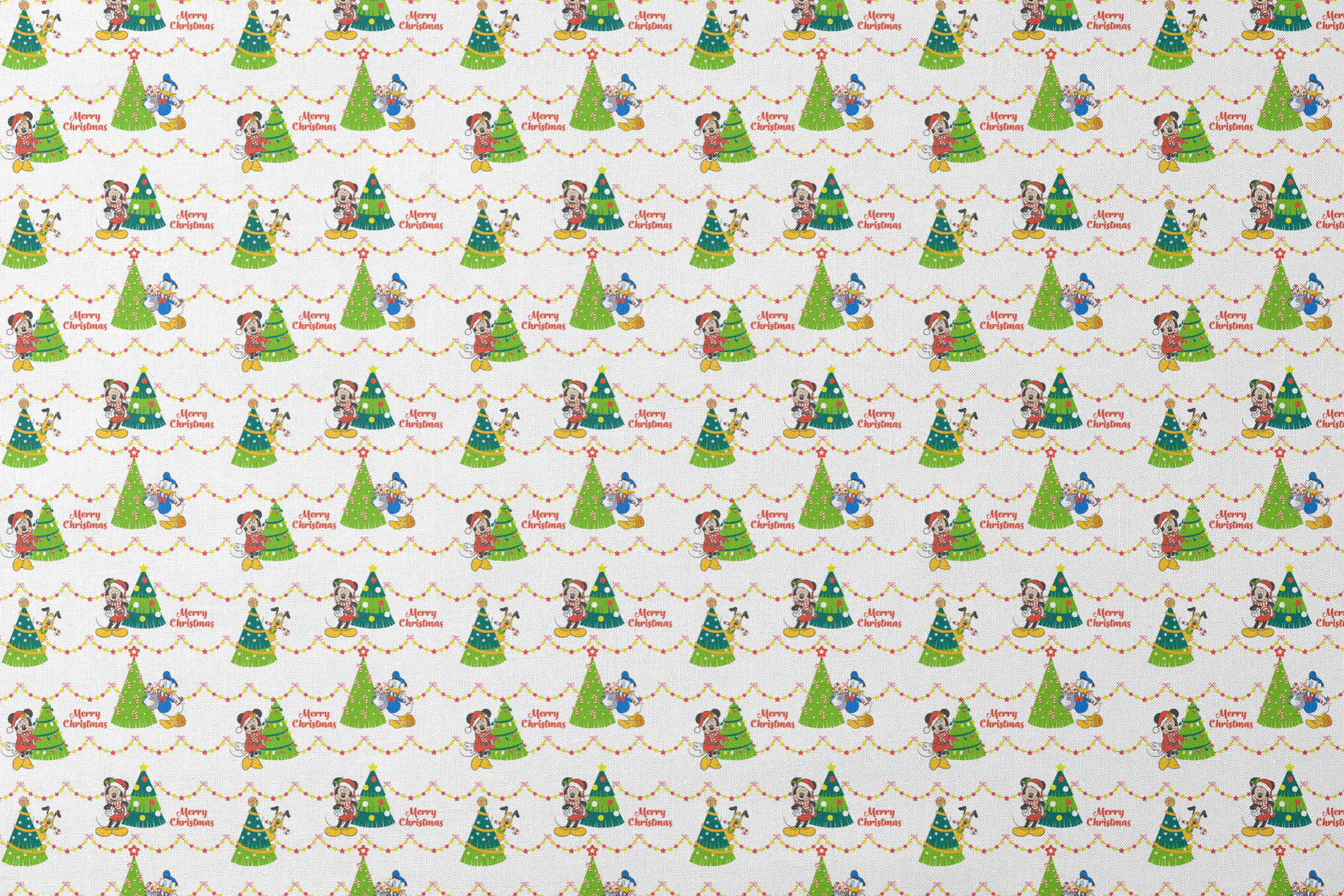 Disney Christmas pattern with Mickey, Minnie, and Donald beside decorated trees with star garland borders designs flat mockup