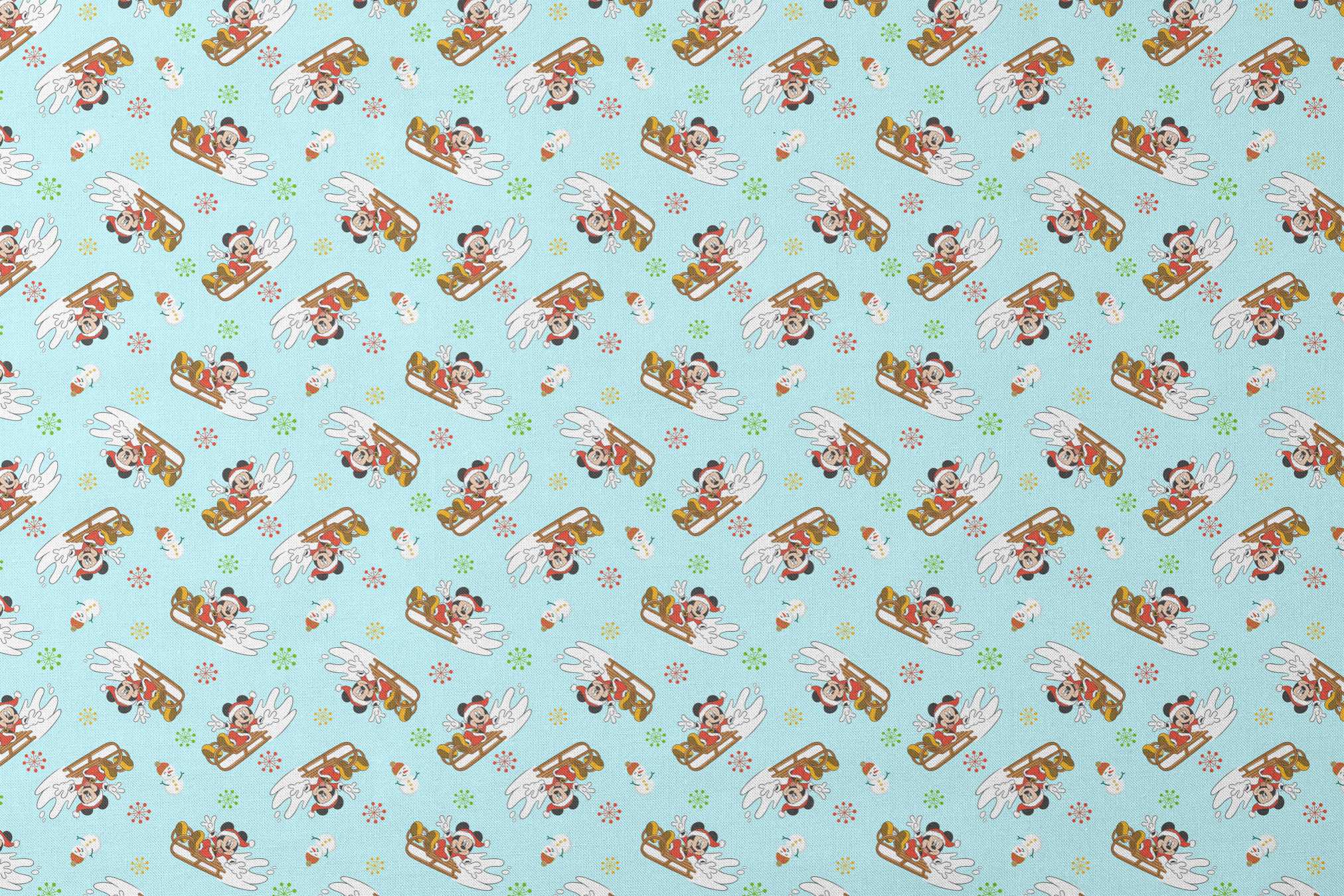 Christmas pattern with Mickey Mouse on sleds, snowmen, and colorful snowflakes on light blue background designs flat mockup