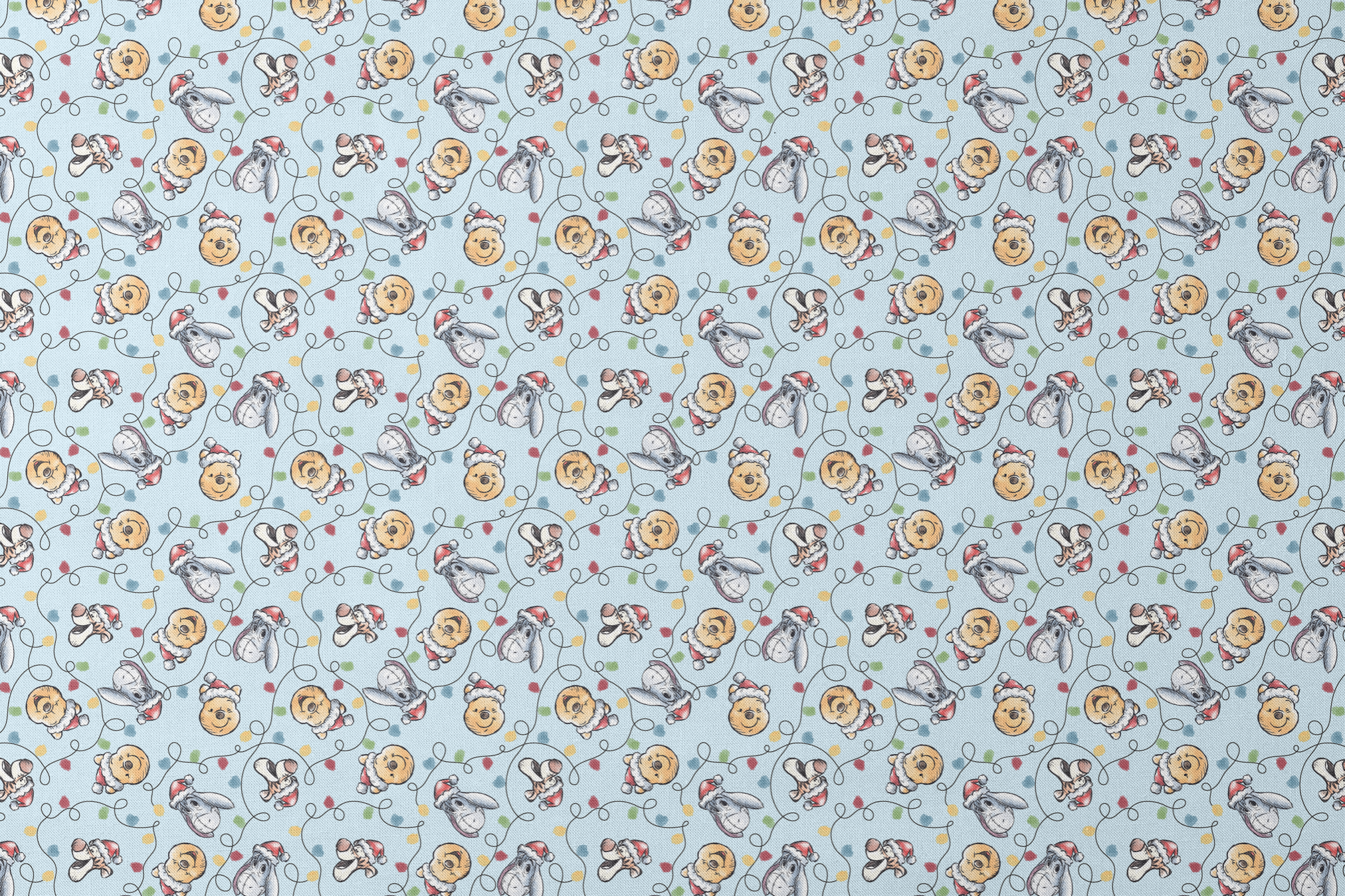 Winnie the Pooh Christmas pattern with Pooh bear, Eeyore, and Tigger in Santa hats on blue background designs flat mockup