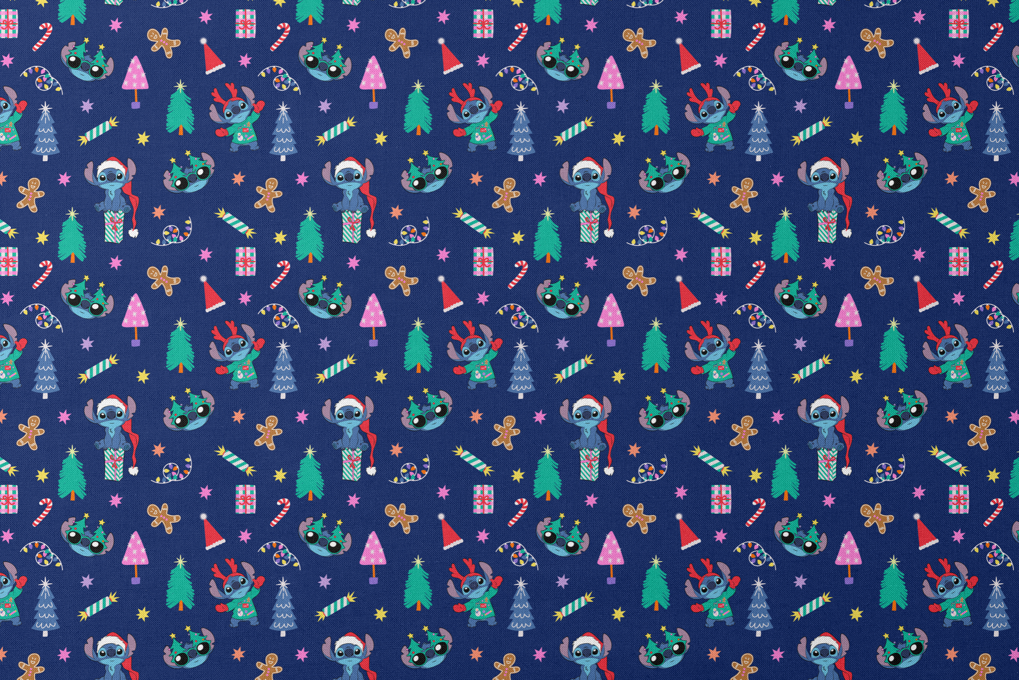 Festive Christmas pattern with Stitch, trees, candy canes, presents, and gingerbread men on navy background designs flat mockup