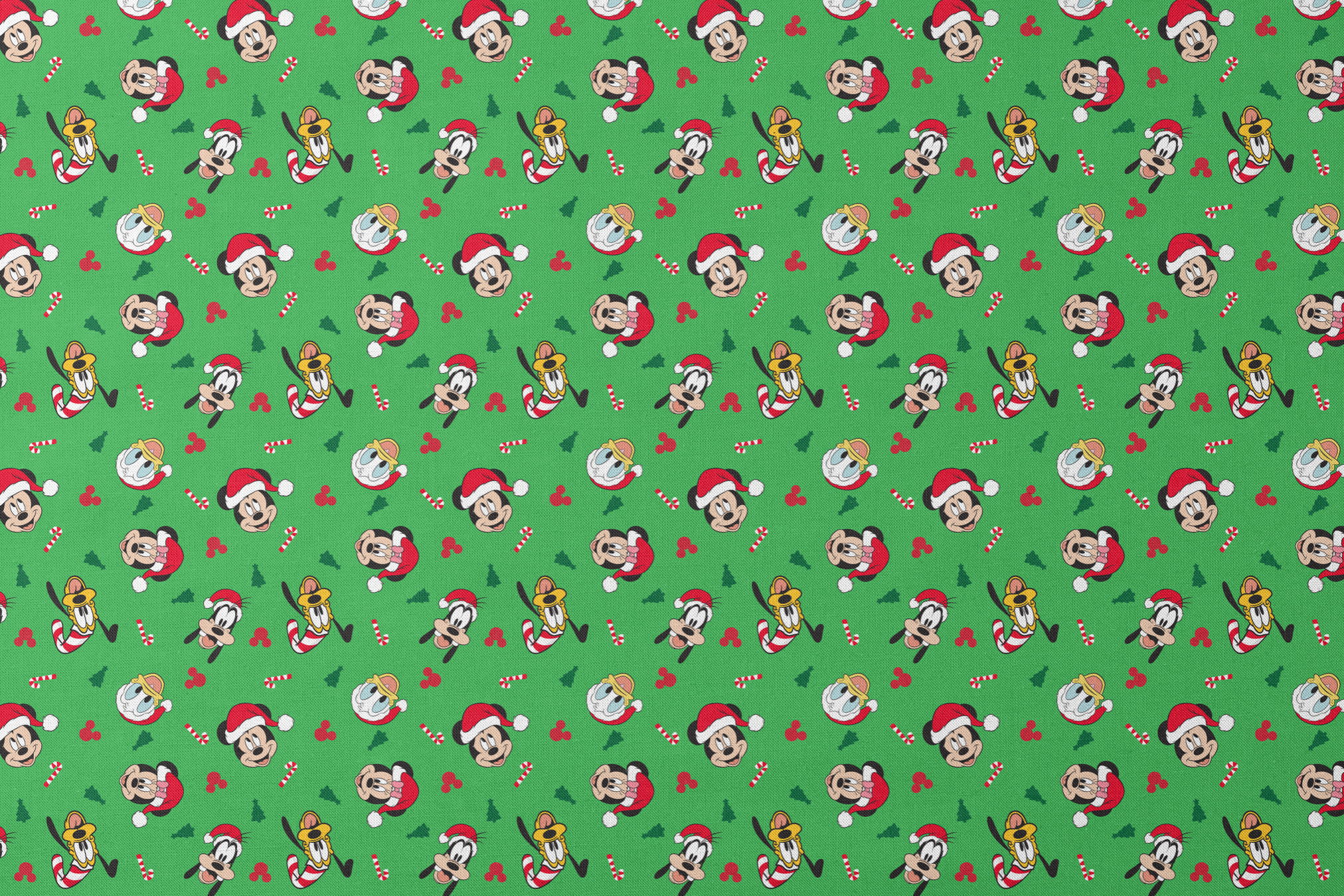 Disney Mickey Mouse characters in Santa hats on green background with candy canes and Christmas trees designs flat mockup