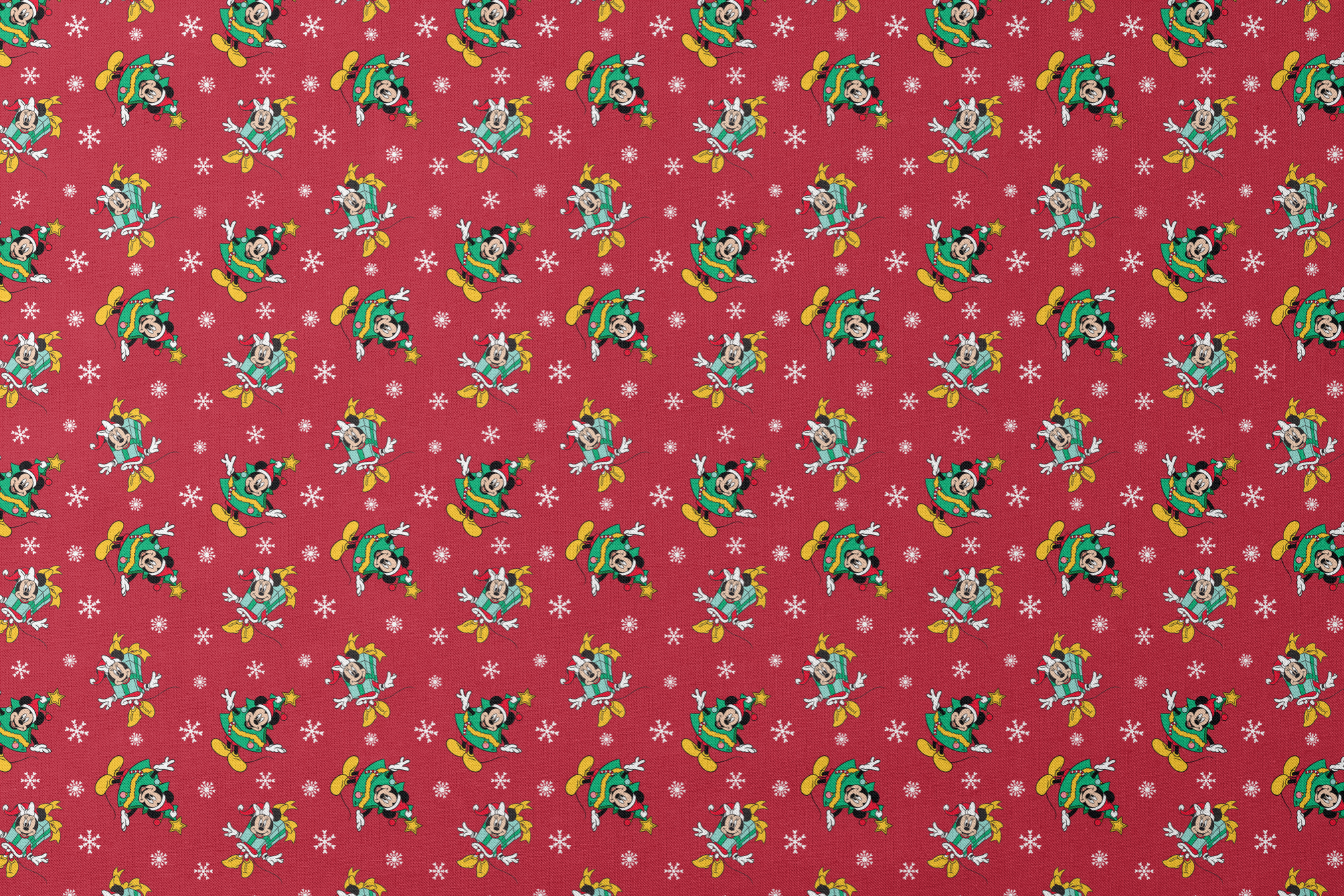 Disney characters in holiday outfits on red background with white snowflakes designs flat mockup