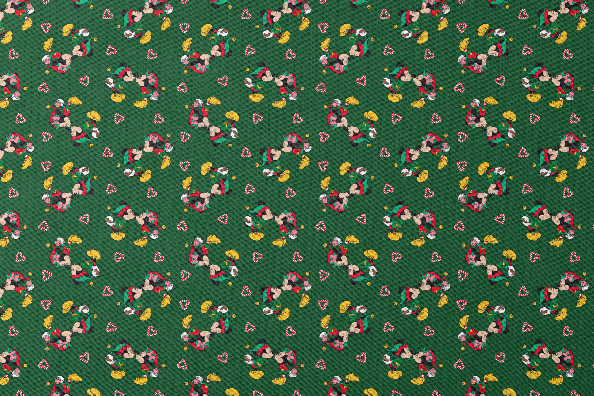 Festive Mickey Mouse pattern with candy canes on green background designs flat mockup