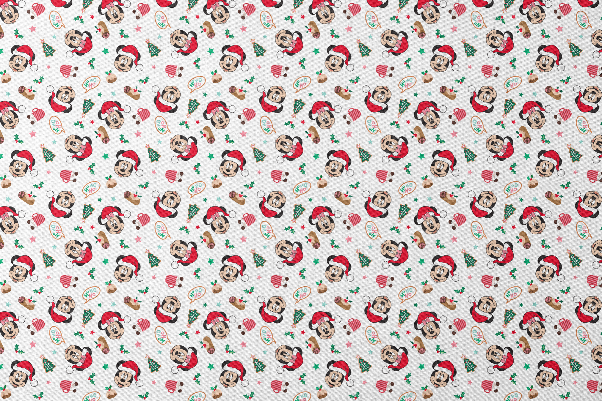 Mickey Mouse Christmas pattern with Santa hats, holly, speech bubbles, and festive decorations on white background designs flat mockup