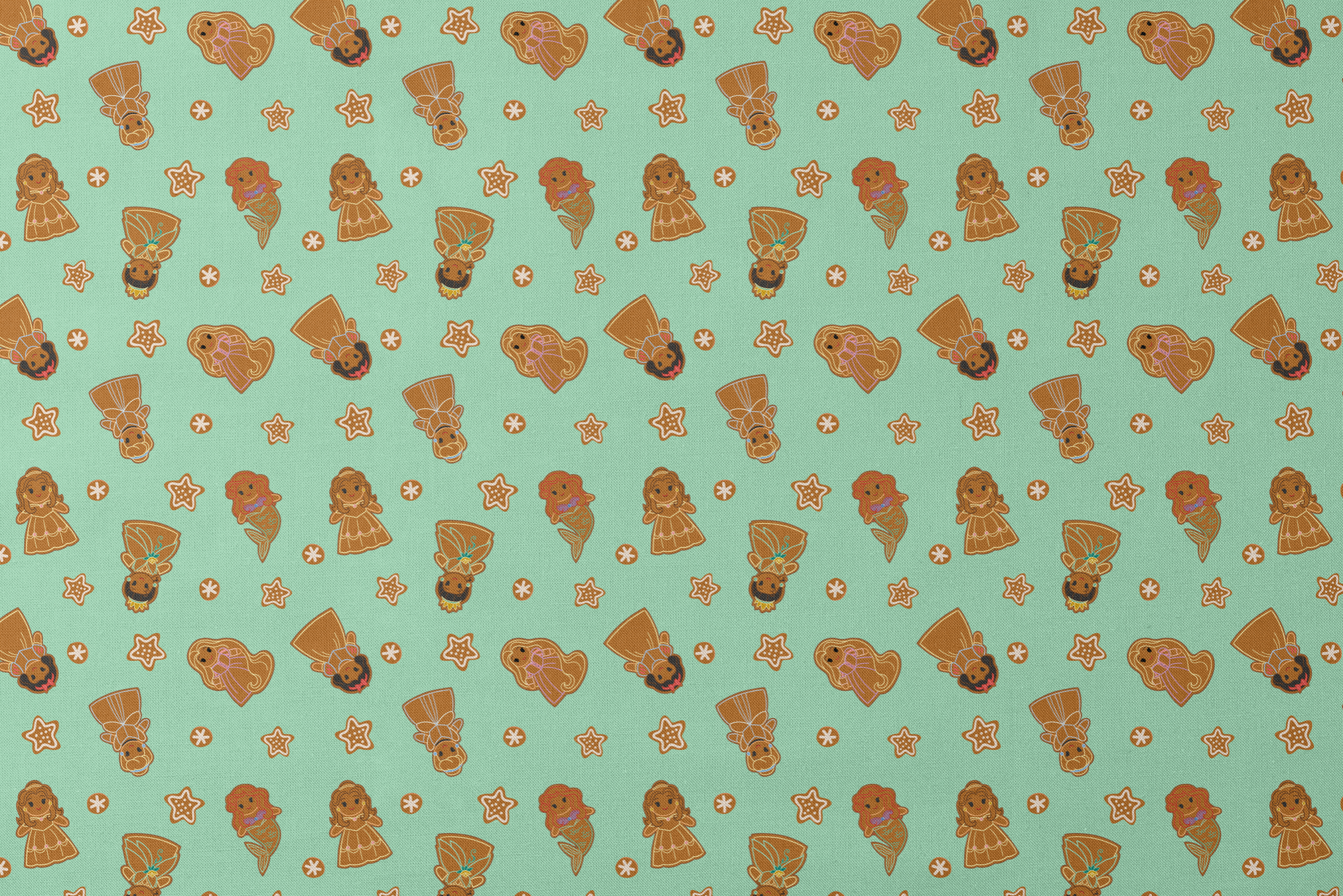Disney Princess gingerbread cookies with star and snowflake designs on mint green background designs flat mockup