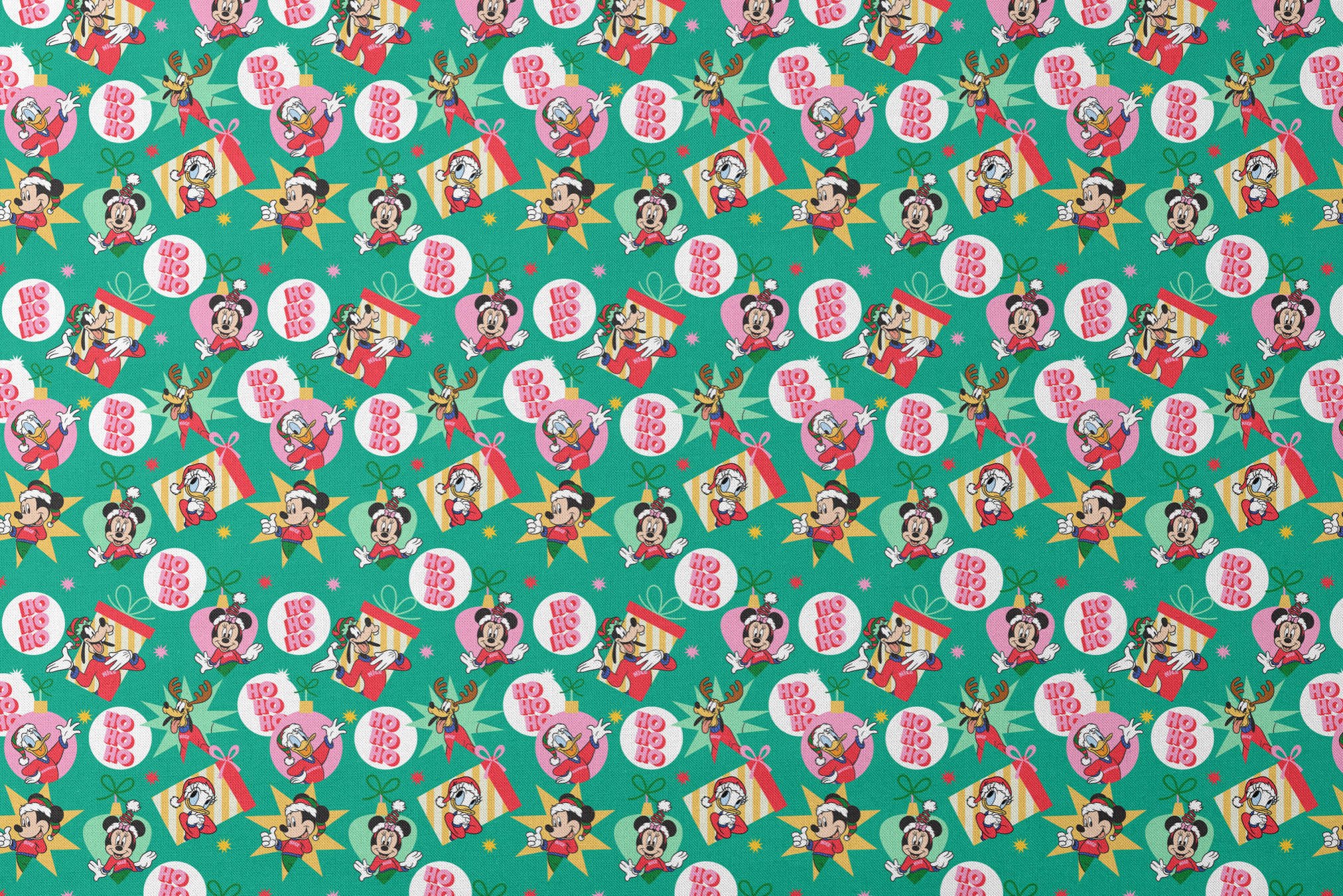 Festive Disney characters on green holiday pattern with "Ho Ho Ho" text and Christmas ornaments designs flat mockup