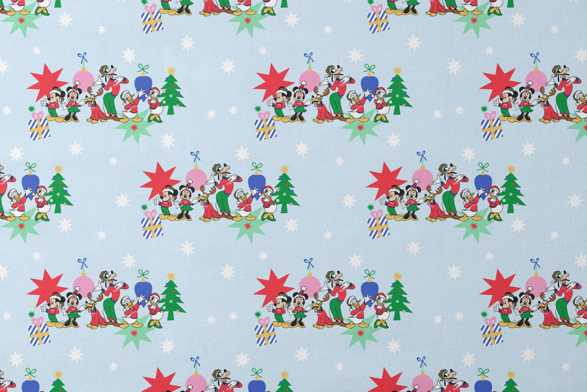 Cartoon Disney characters in festive poses with Christmas trees, ornaments, and stars on light blue snowy background designs flat mockup