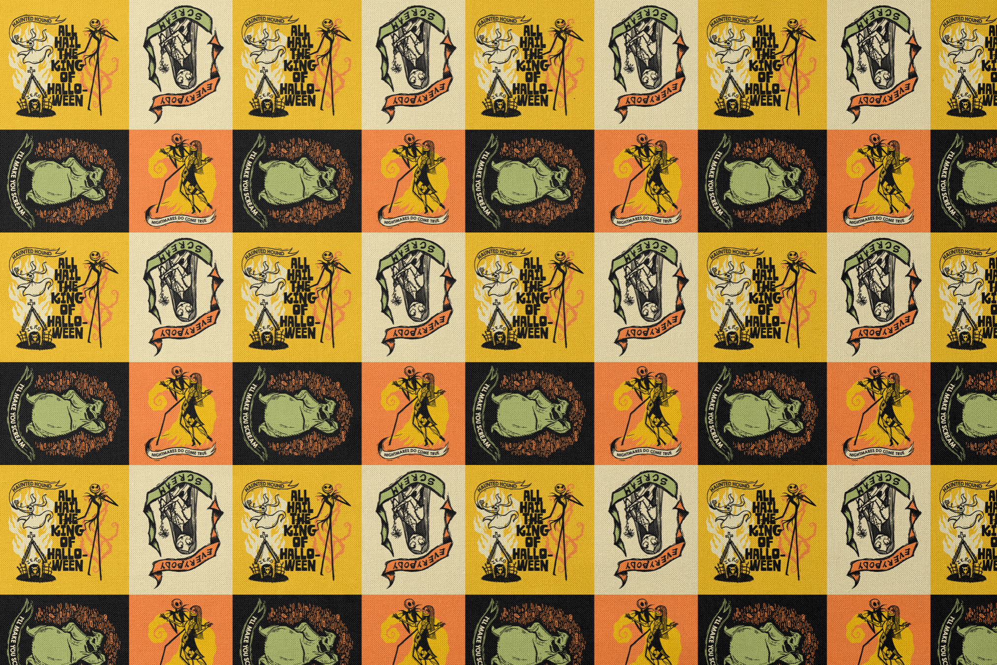 Four stylized Nightmare Before Christmas illustrations in a grid with yellow, green, and orange backgrounds featuring  a haunted house and gothic imagery. designs flat mockup