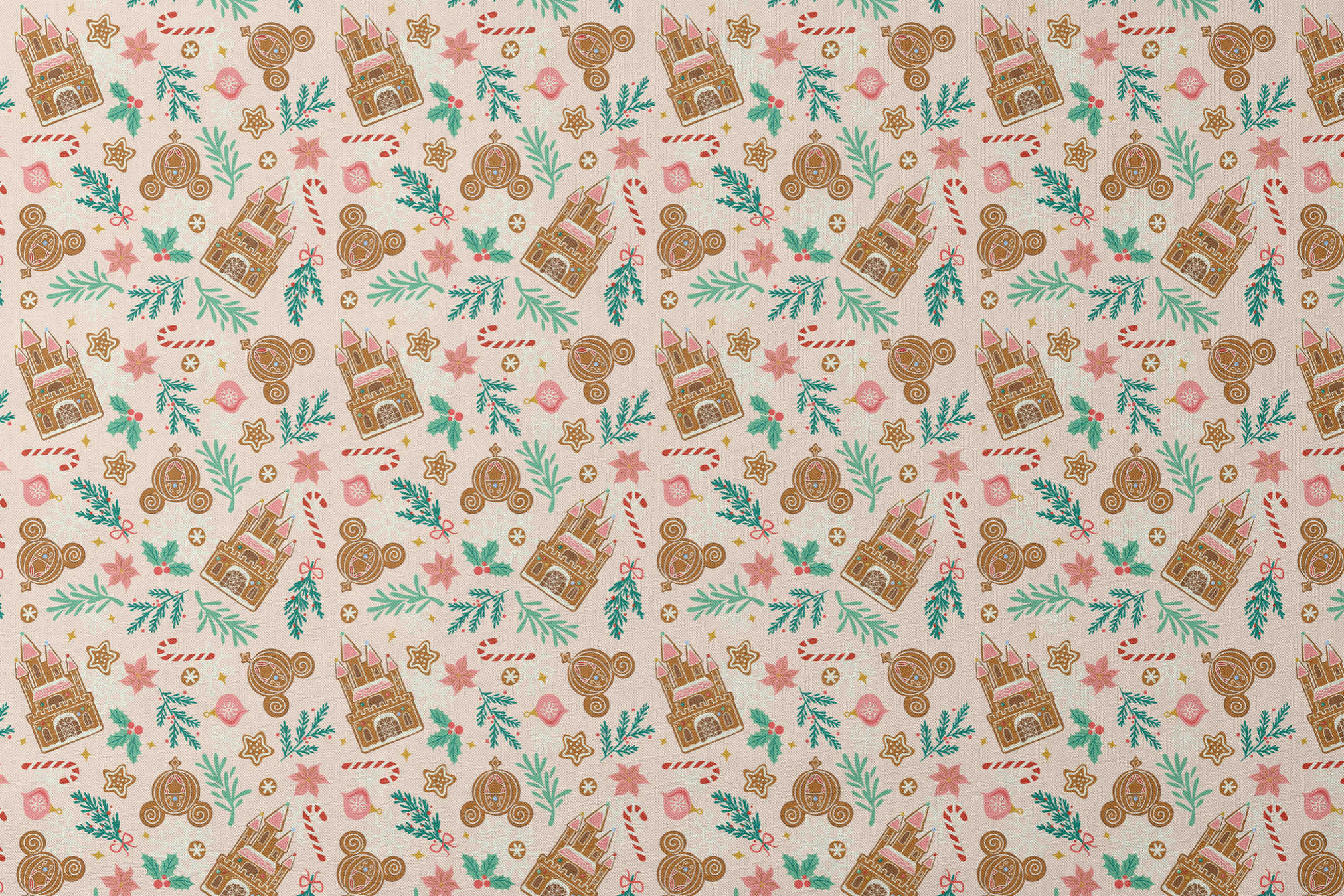 Disney Christmas pattern with gingerbread castles, carriages, candy canes, stars, and pine sprigs in holiday colors designs flat mockup