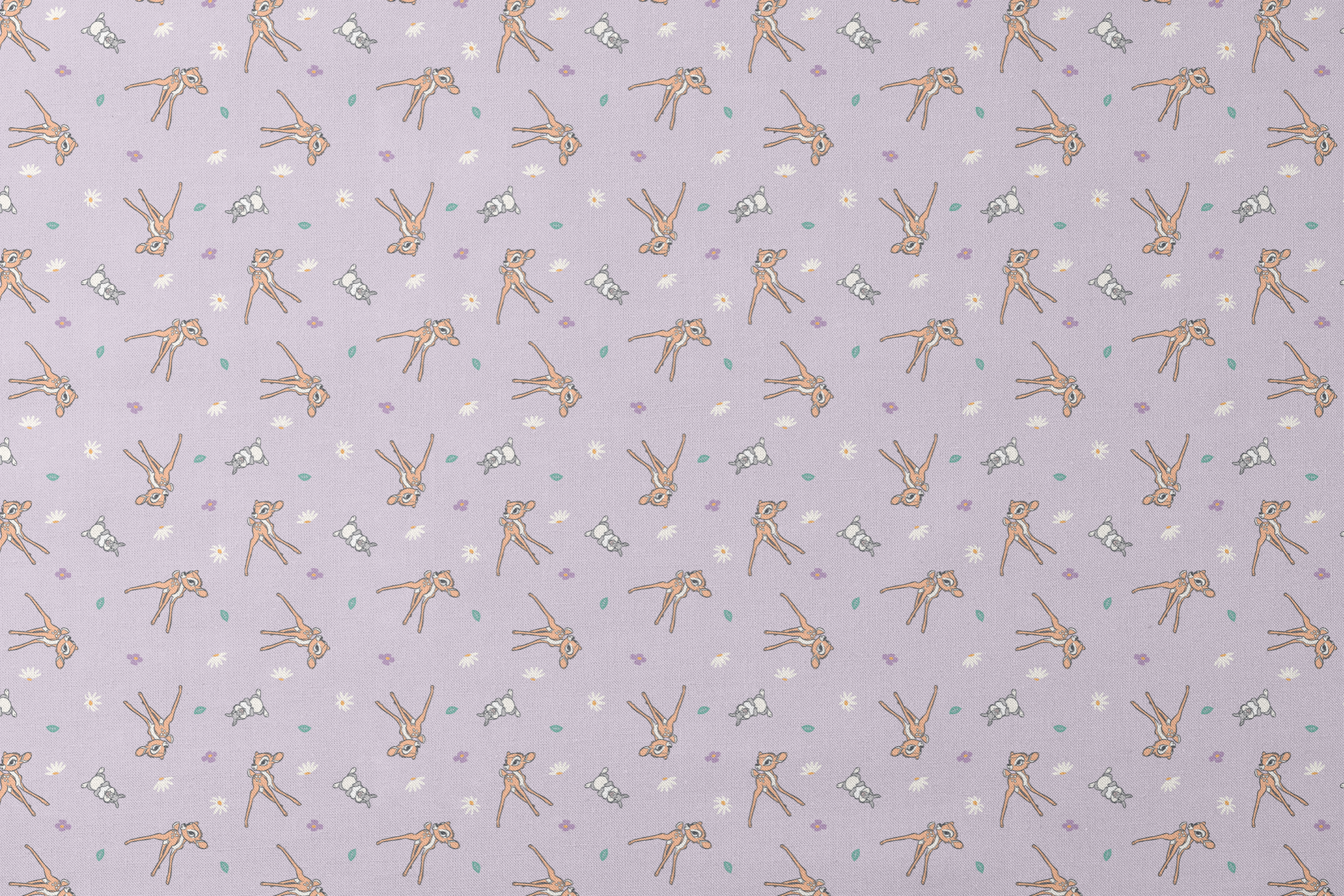 Seamless pattern of cartoon deer and bunnies with daisies and small flowers on lavender background designs flat mockup