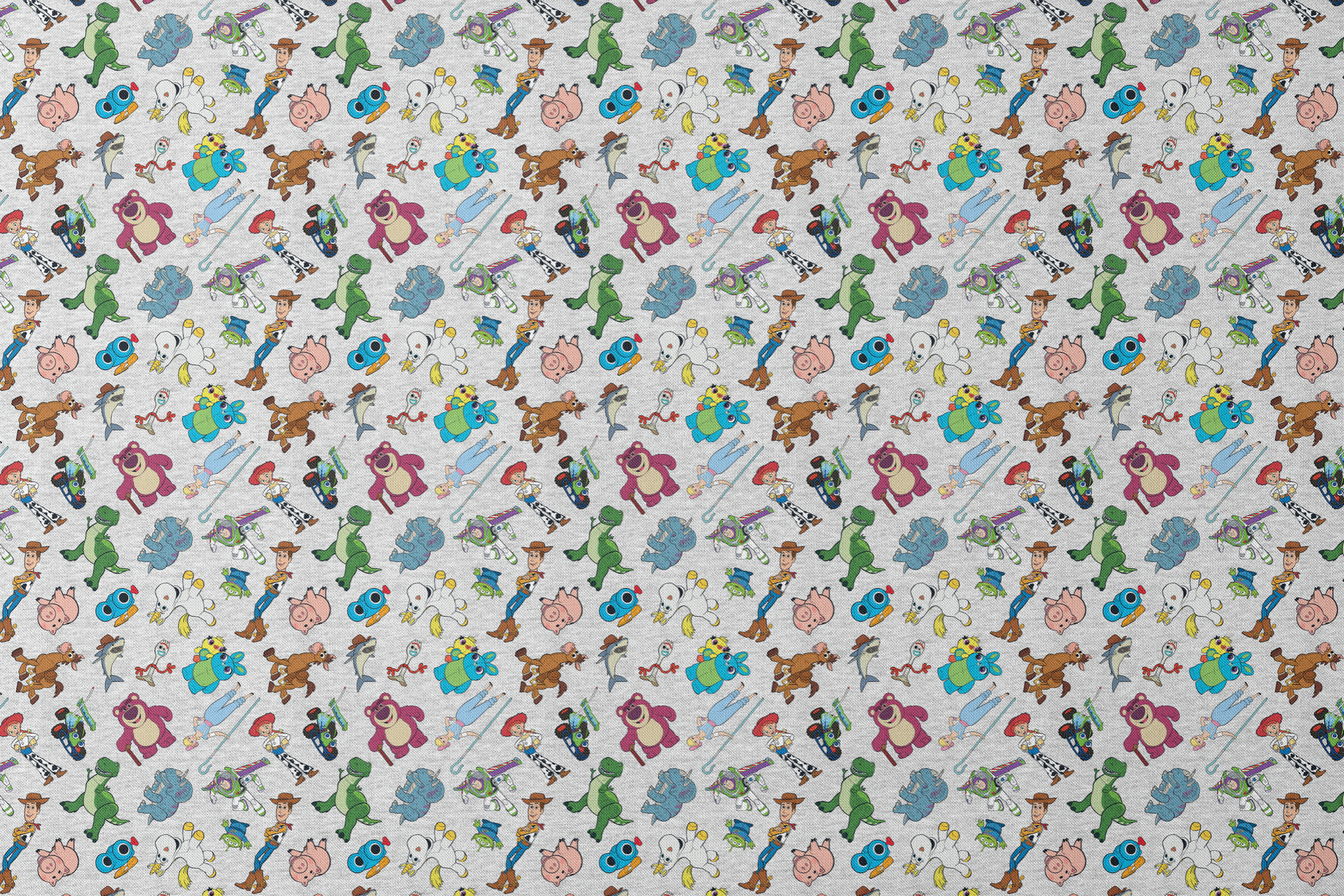 Colorful pattern of various animated Toy Story characters on a light speckled background designs flat mockup