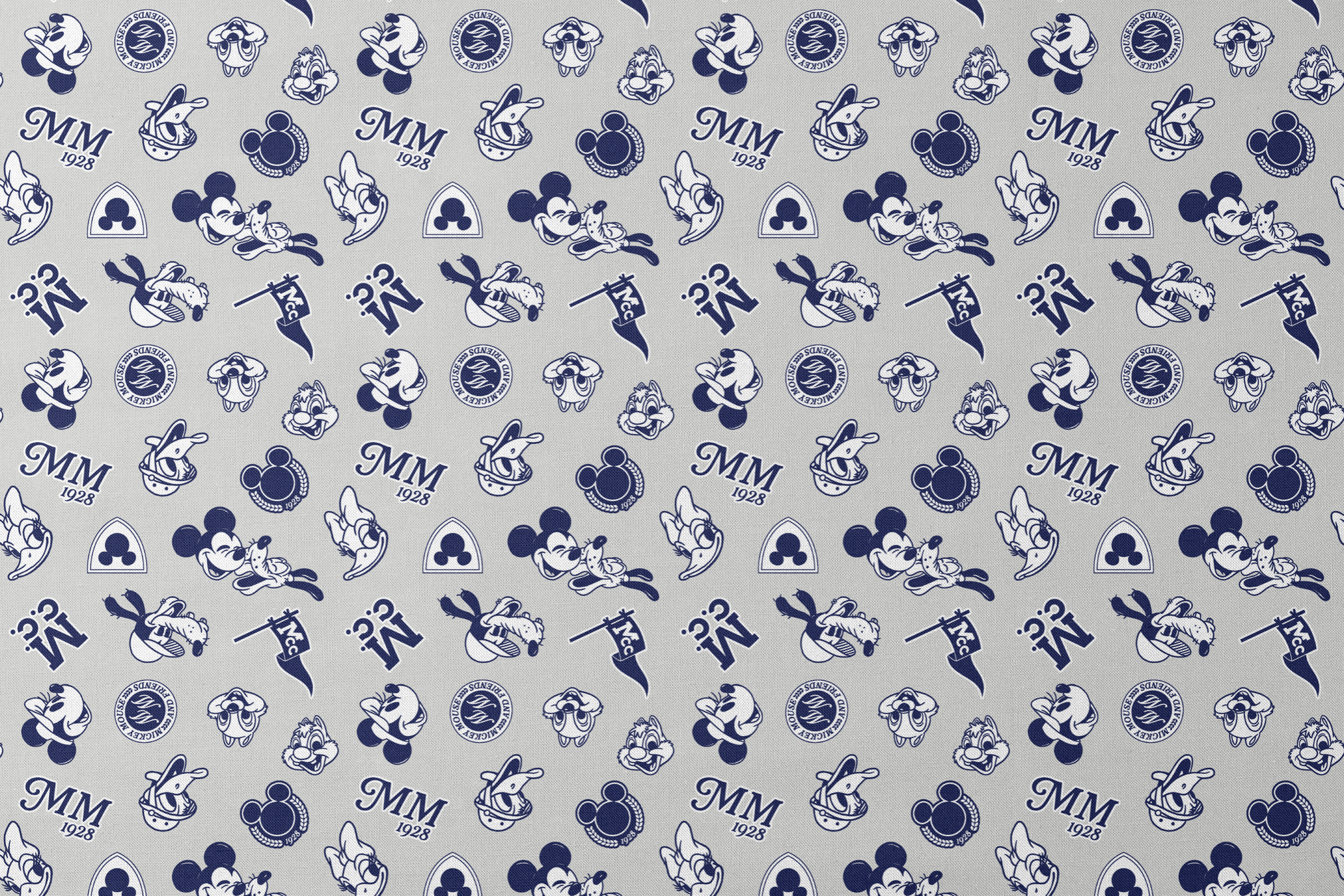 Disney character pattern with Mickey Mouse, Donald Duck and other classic cartoon figures in navy blue on light background. designs flat mockup