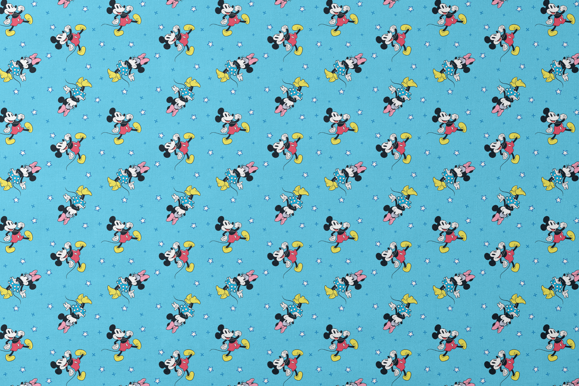 Disney Mickey Mouse and Minnie Mouse characters on light blue background with white stars, pattern design designs flat mockup