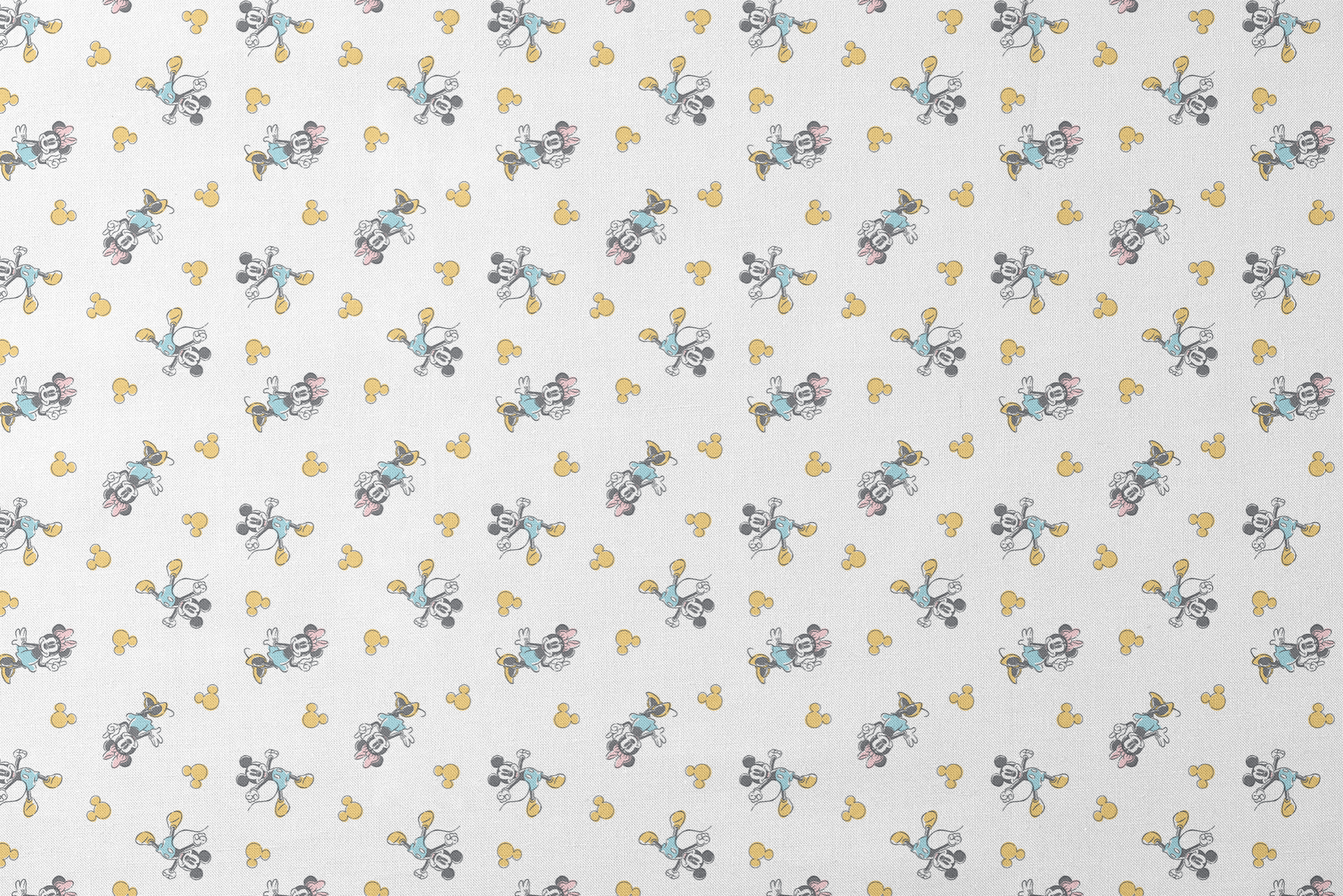 Mickey Mouse characters in light blue outfits scattered on white background with yellow Mickey silhouettes designs flat mockup