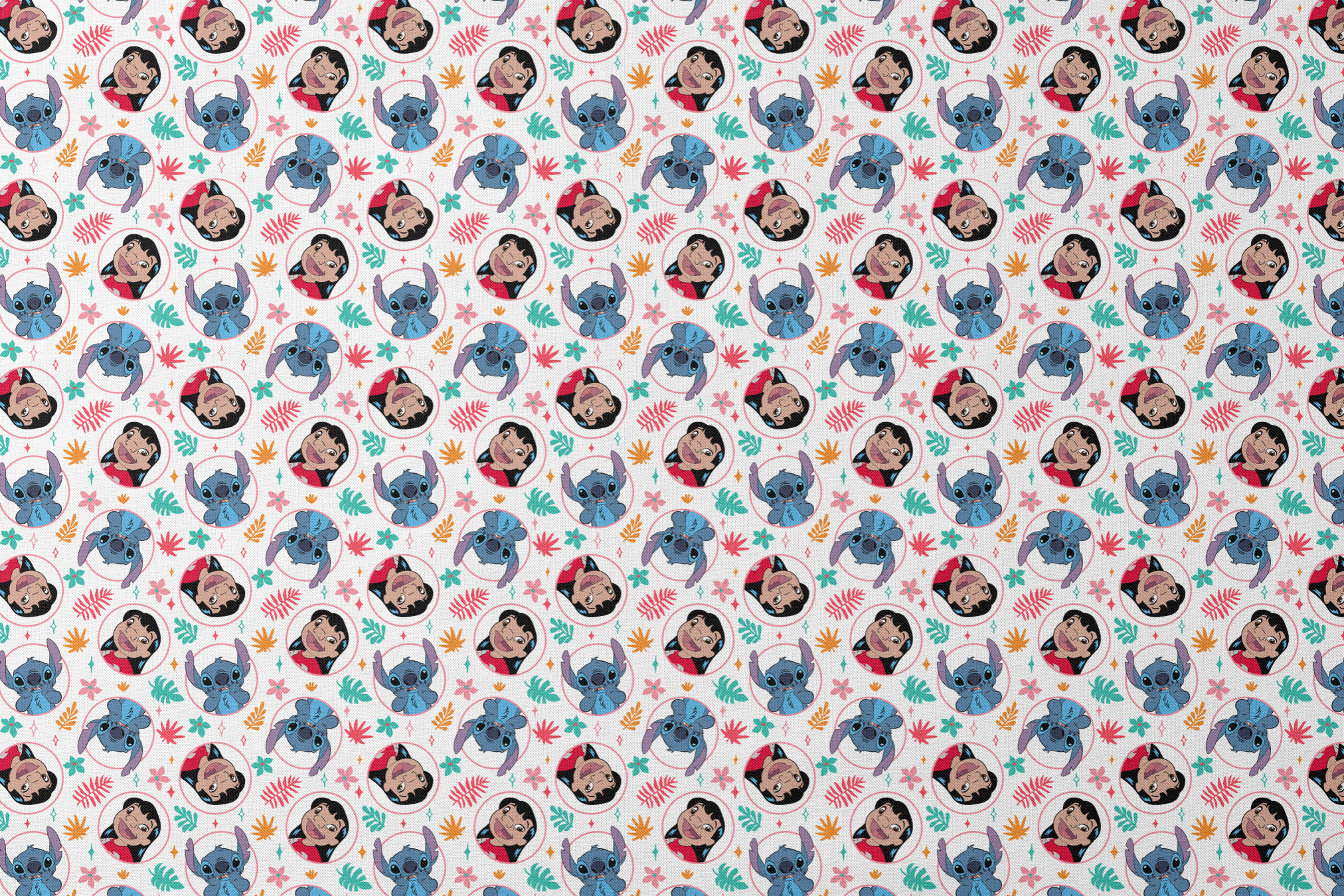 Colorful cartoon pattern with Lilo and Stitch in circles, surrounded by tropical leaves and stars designs flat mockup