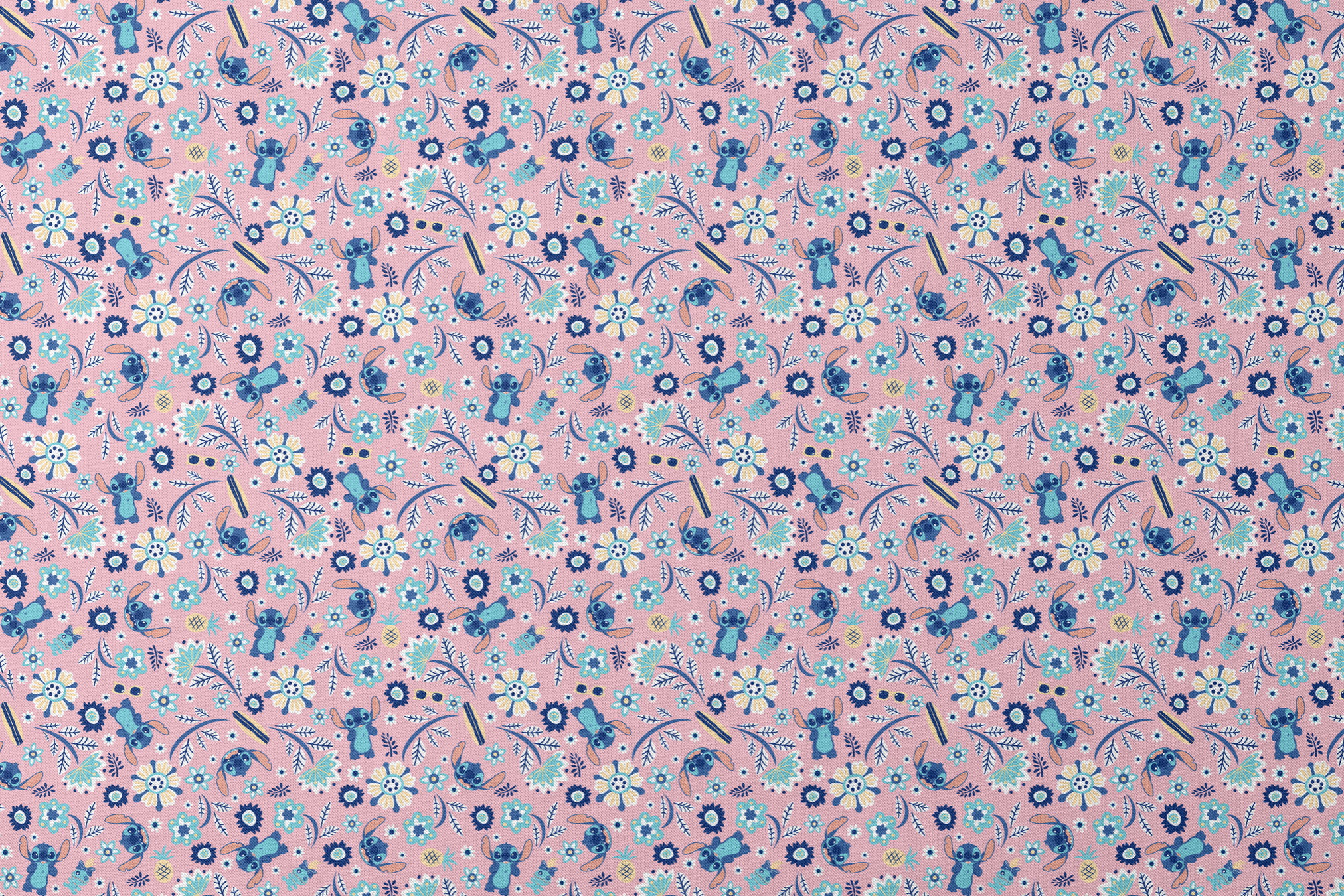 Floral pattern with Disney's Stitch, white daisies, and mint green accents on pink background designs flat mockup