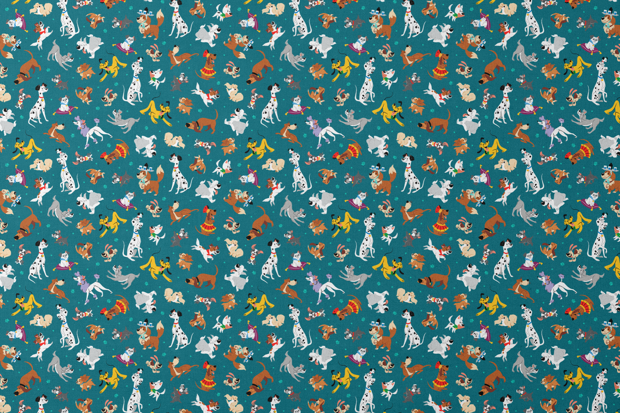 Teal pattern featuring Disney cartoon dogs like Dalmatians, Pluto, Lady and the Tramp, Copper, and other animated pups. designs flat mockup
