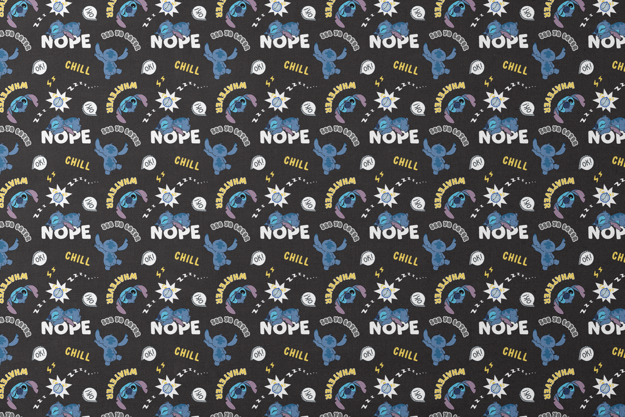 Disney Stitch pattern on black background with text "NOPE," "CHILL," "OK!" and sleep symbols designs flat mockup