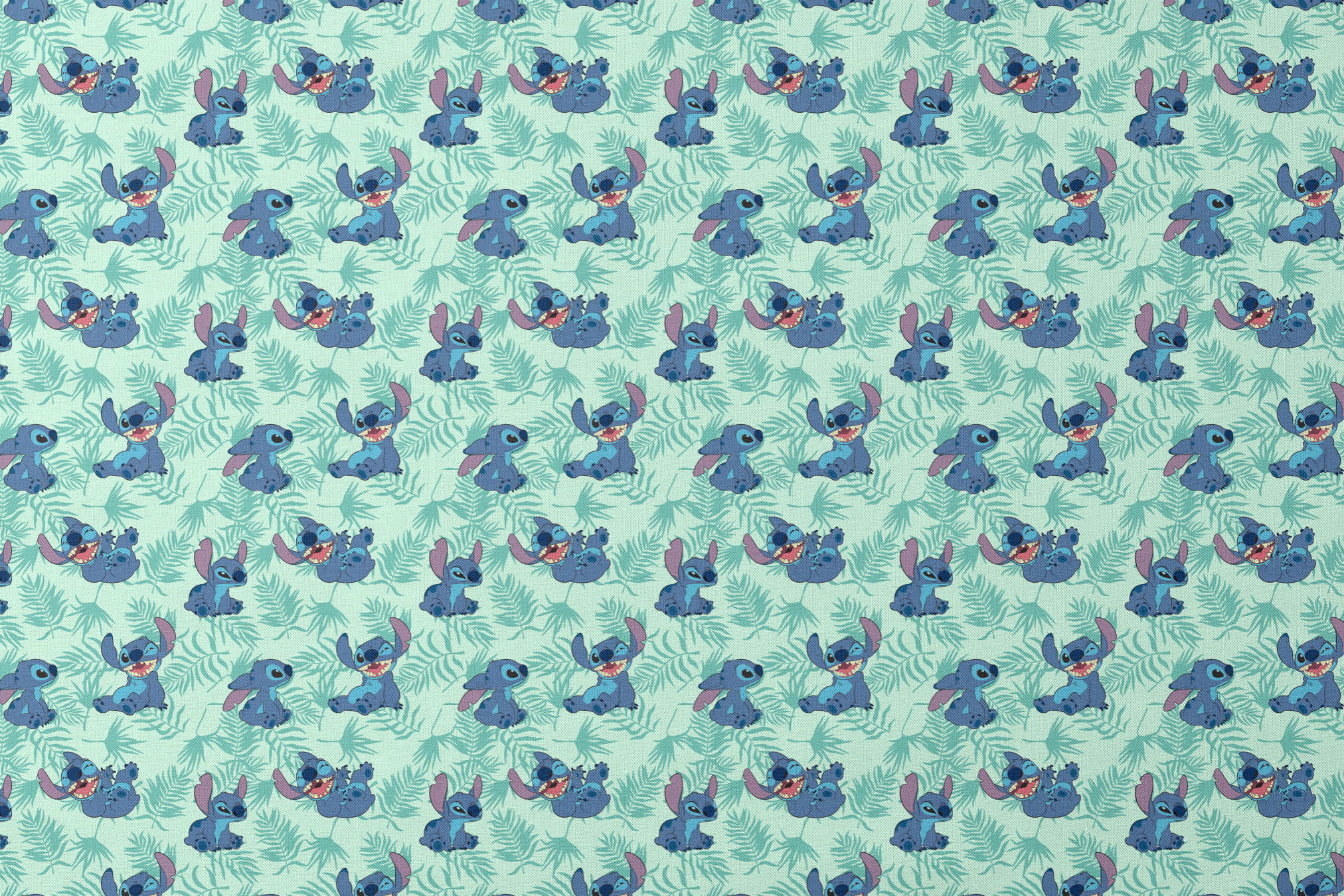 Blue cartoon alien character Stitch in various playful poses against mint green tropical leaf pattern background designs flat mockup