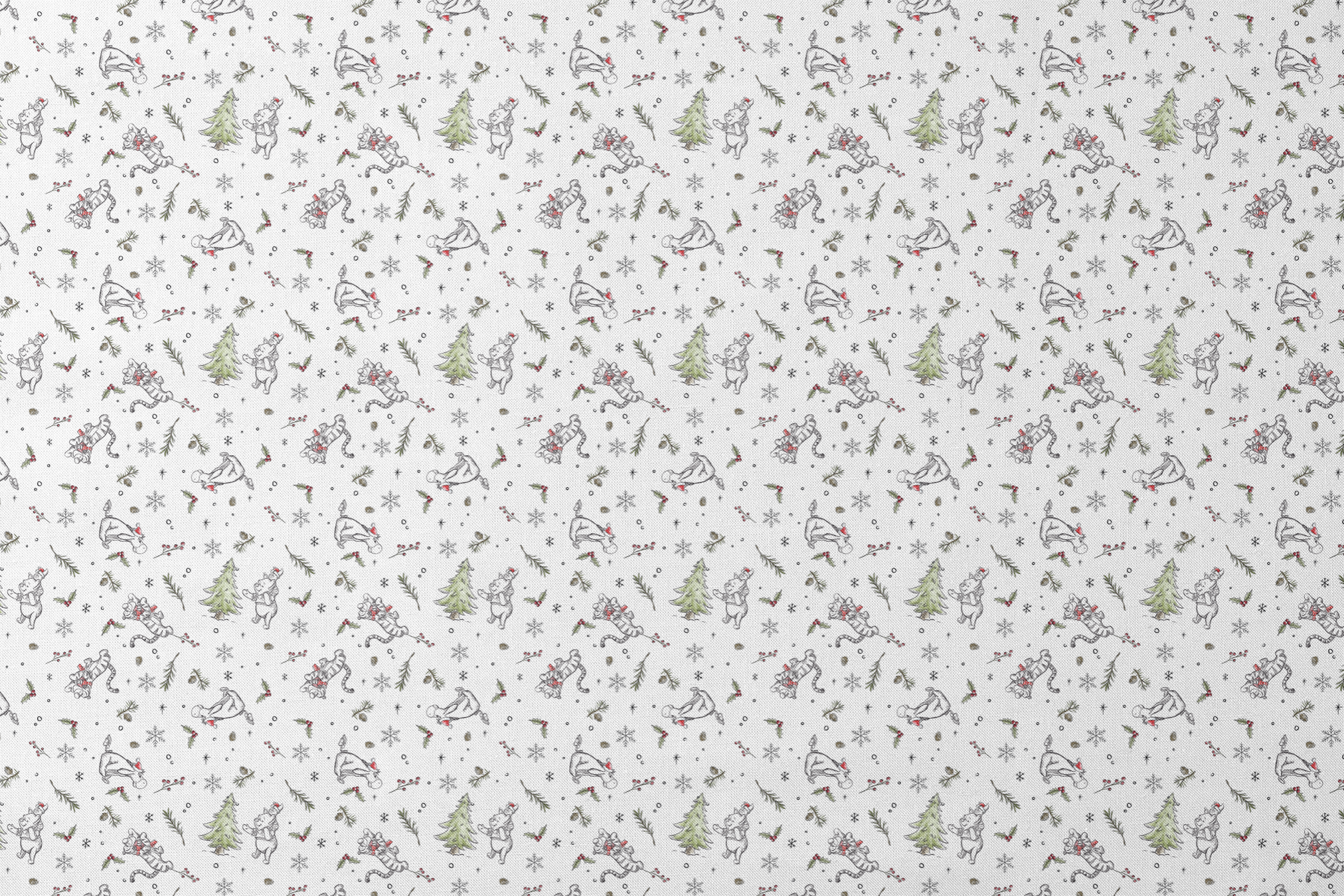 Delicate white winter pattern with cartoon mice, pine trees, holly berries, and snowflakes designs flat mockup
