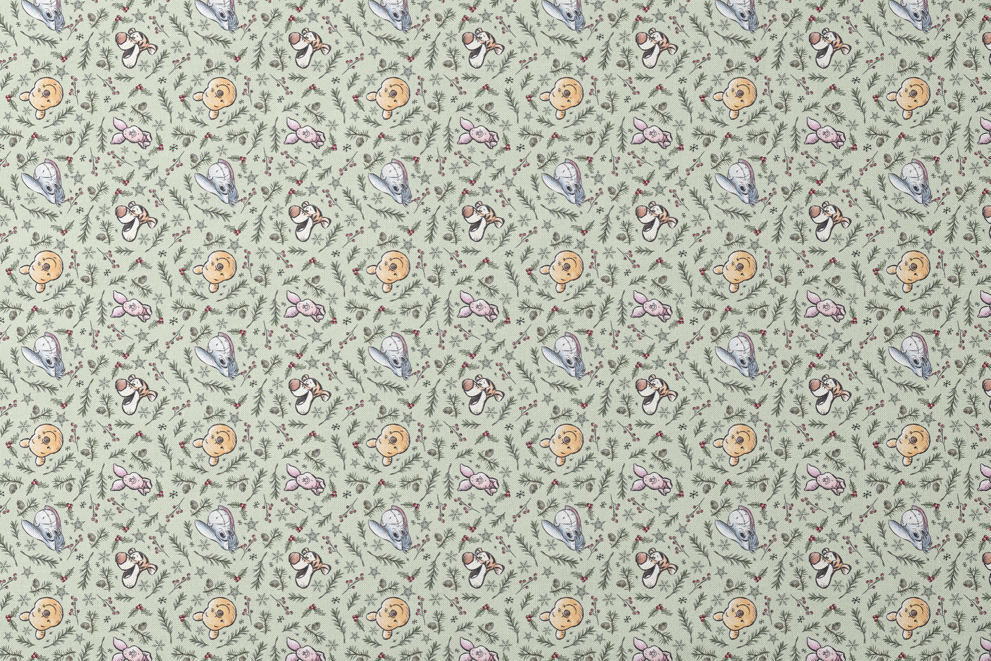 Whimsical holiday pattern with cartoon animals, pine branches, berries, and snowflakes on mint green designs flat mockup