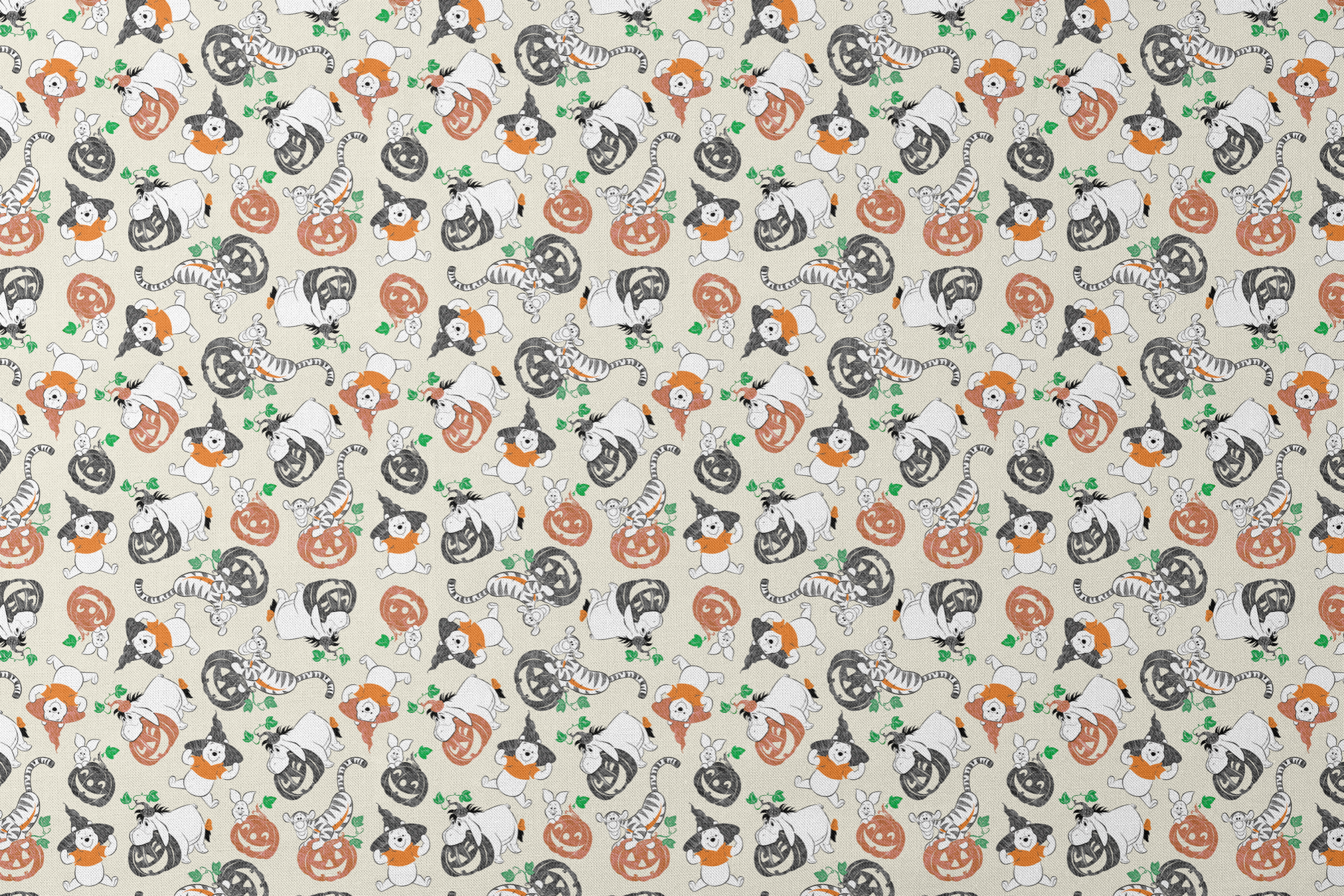Whimsical Halloween pattern with cartoon ghosts, pumpkins, cats, and bears on cream background designs flat mockup