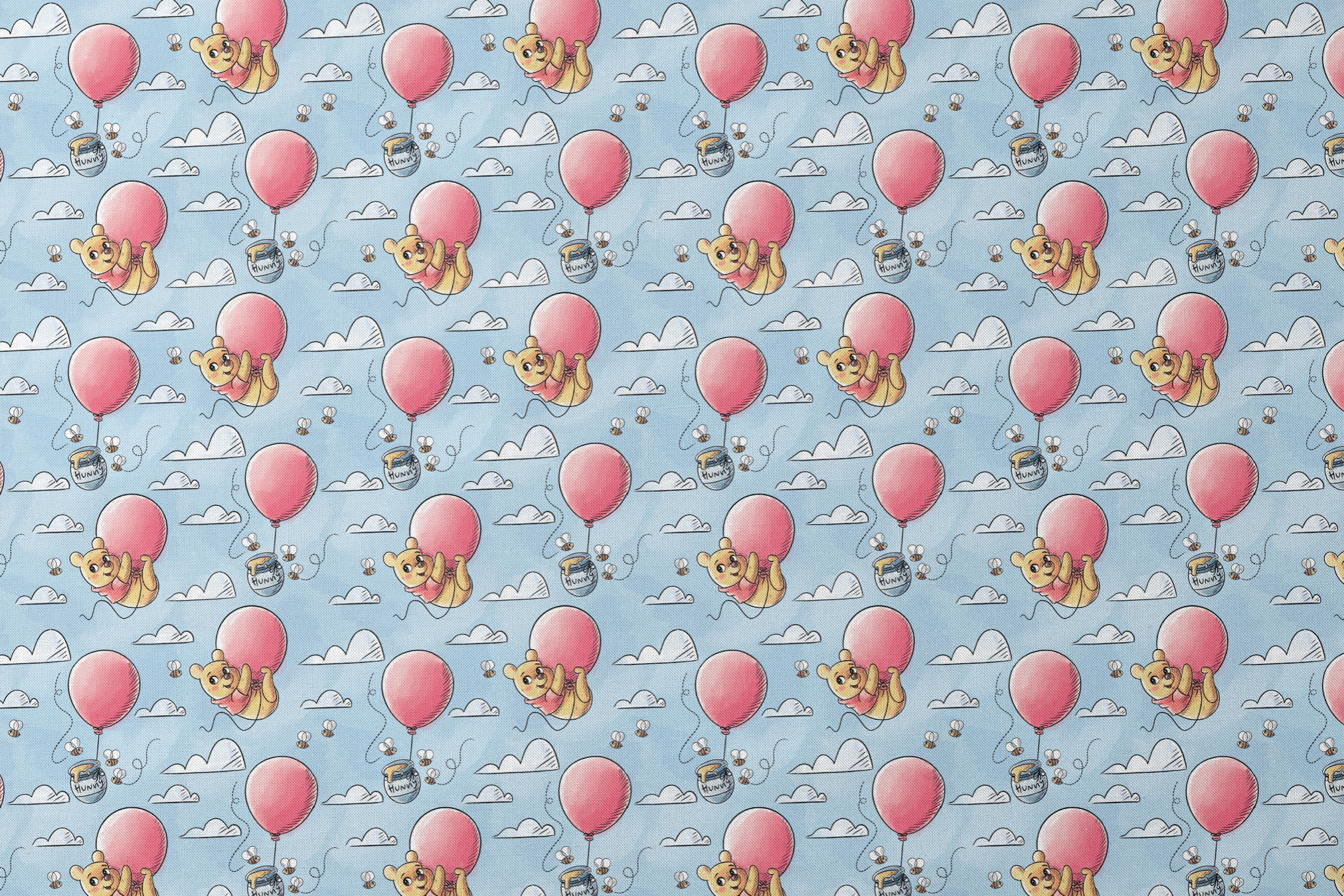 Cute yellow bear characters floating with pink balloons and honey pots against a blue sky with cl... designs flat mockup