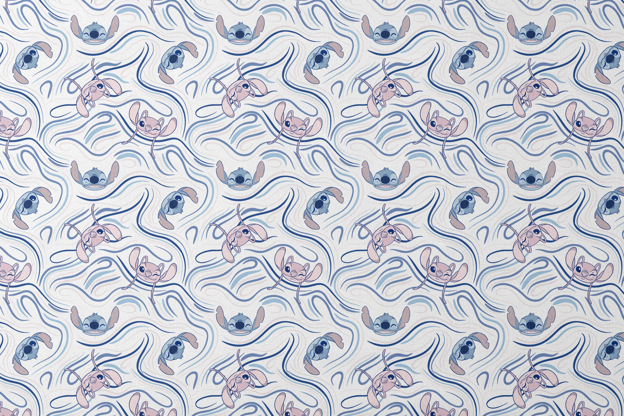 Blue alien character with large ears in various poses on swirling blue and white pattern background designs flat mockup