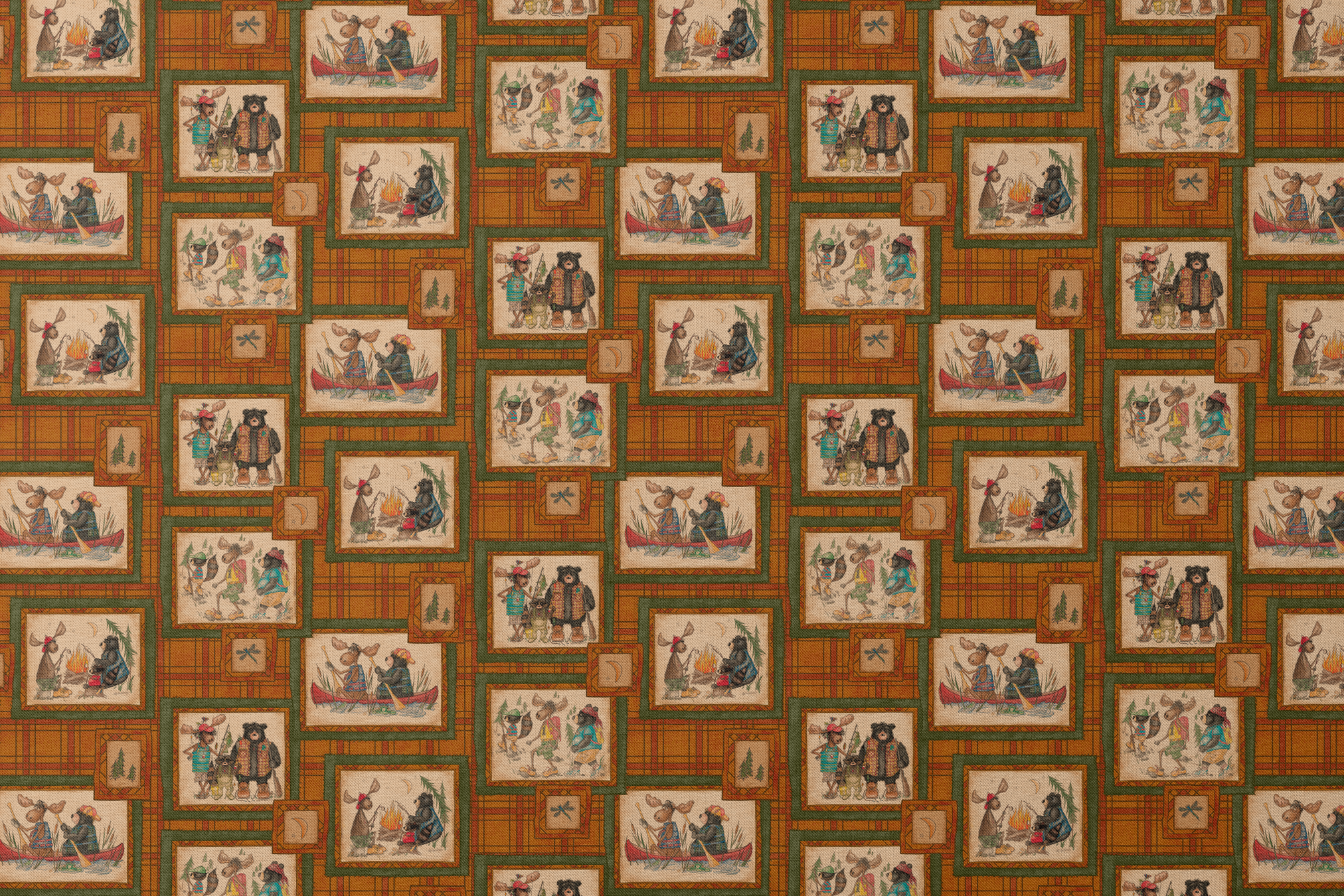 Vintage-style patchwork pattern with framed scenes of people and animals on orange plaid background designs flat mockup