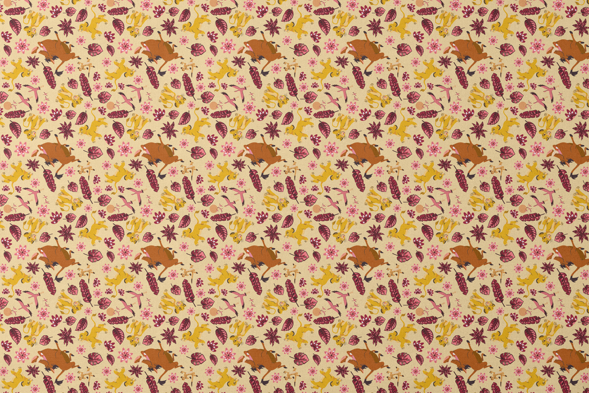 Decorative pattern with lions, gazelles, and boars in yellows and browns among maroon leaves and pink flowers designs flat mockup