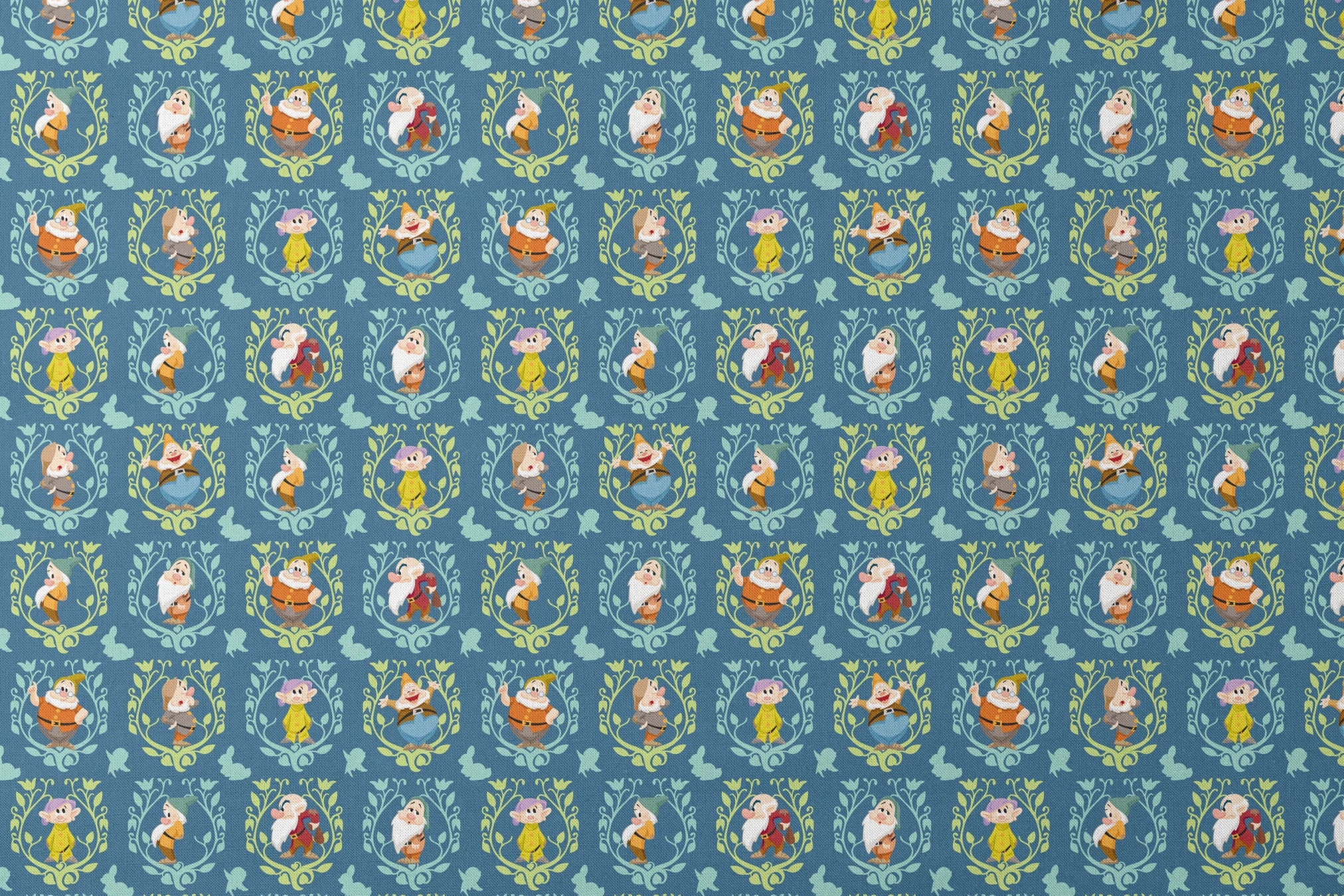 Pattern of cartoon birds in decorative oval frames on blue background with leaf motifs designs flat mockup