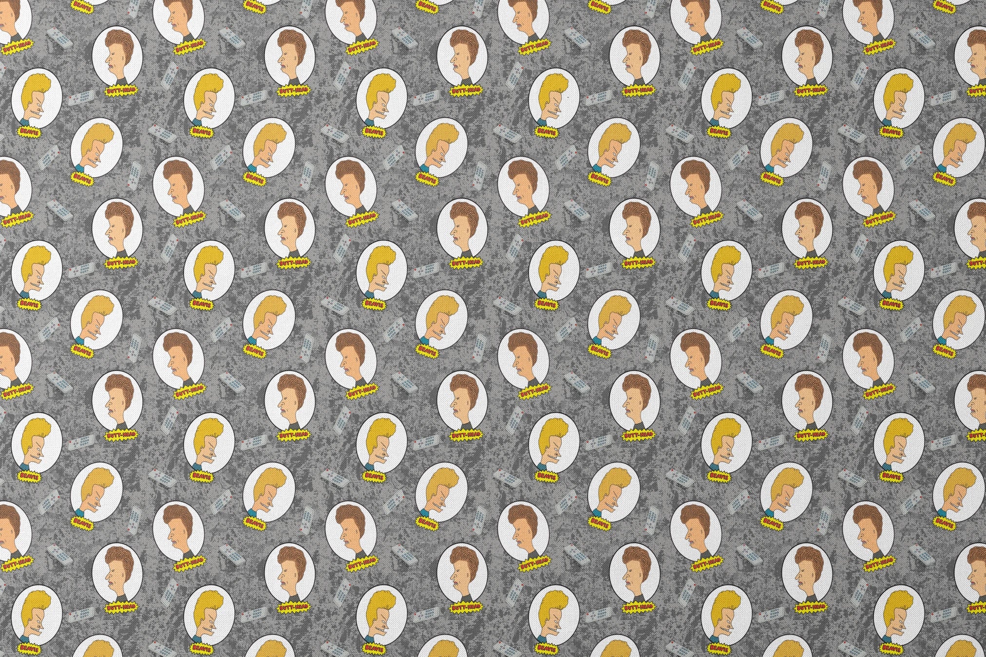 Cartoon pattern with blond and brown-haired animated characters in circular frames against a gray background with comic-style text bubbles. designs flat mockup