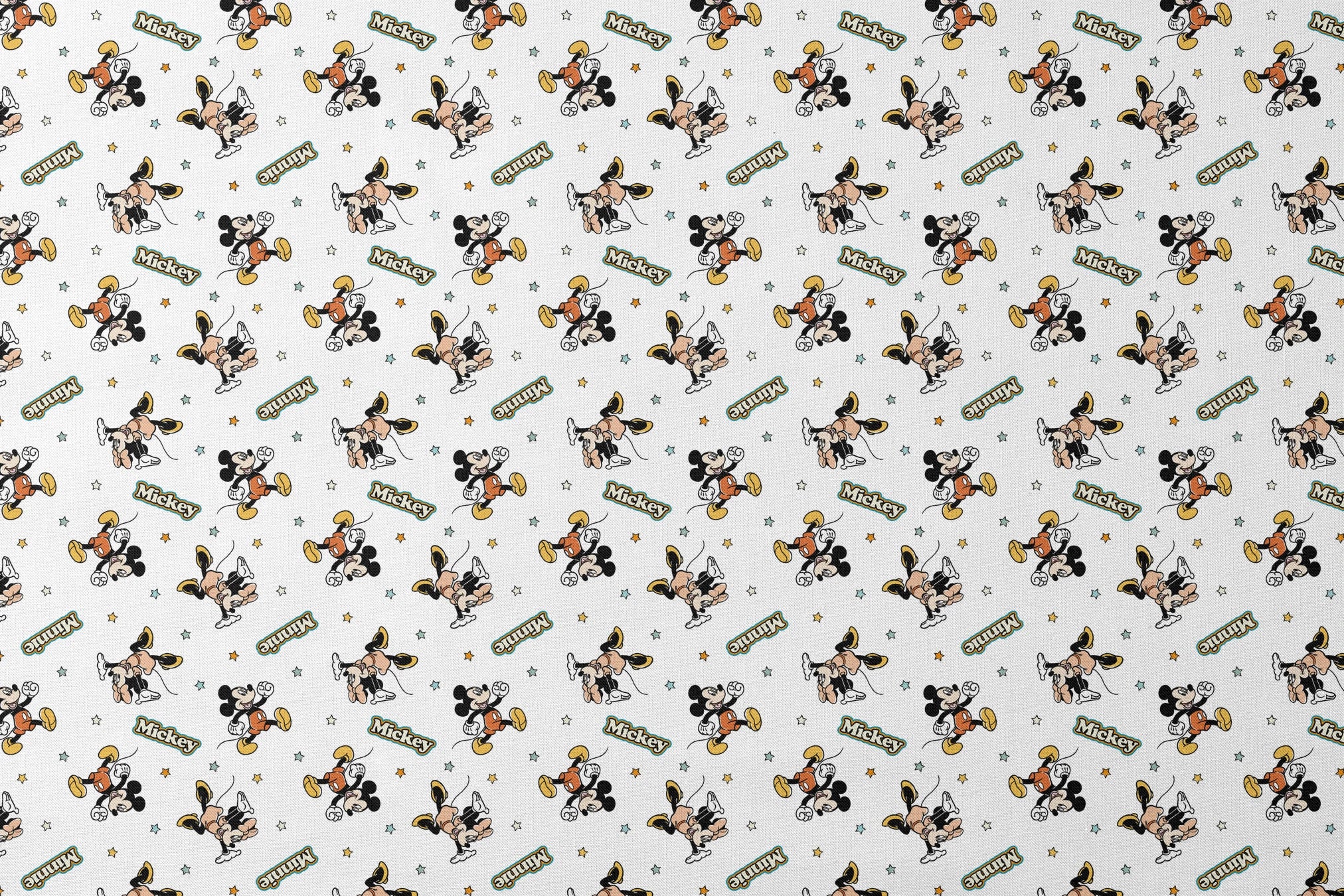Pattern of cartoon Disney characters including Mickey Mouse and Minnie with yellow stars on white background designs flat mockup